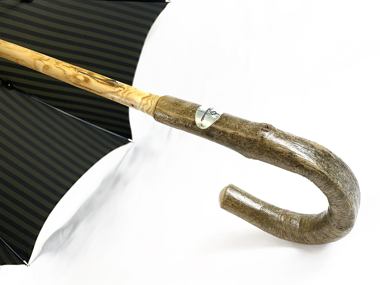 Handcrafted Dark Green Striped Umbrella with Natural Ash Wood Handle - Waterproof Windproof Compact Folding Umbrella for Rainy Days, Outdoor Travel, and Daily Commute