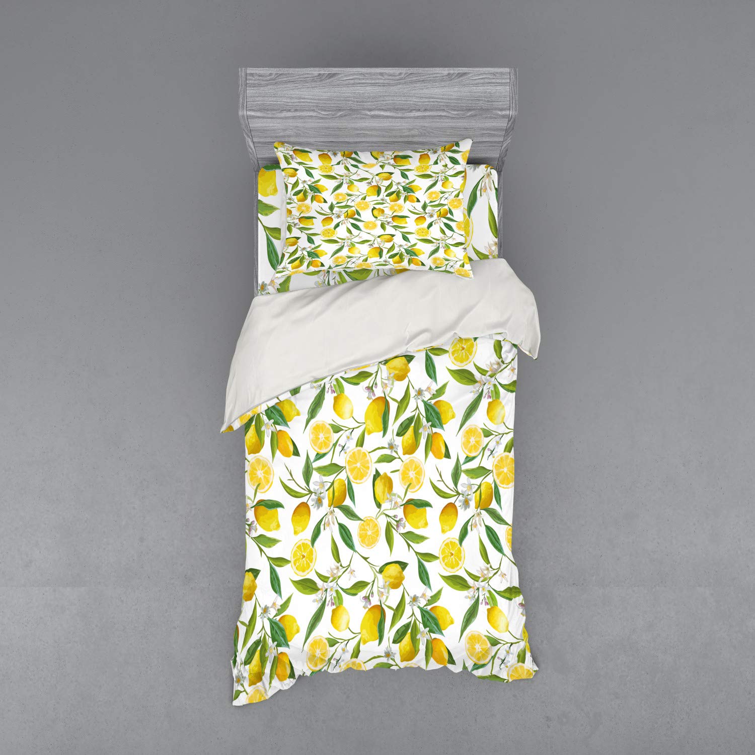 Ambesonne 3-Piece Twin Duvet Cover Set - Exotic Lemon Tree Branches Design, Fern Green Yellow White, Soft Bedding with Sham & Fitted Sheet | Perfect for Kitchen, Garden & Nature-Themed Bedrooms