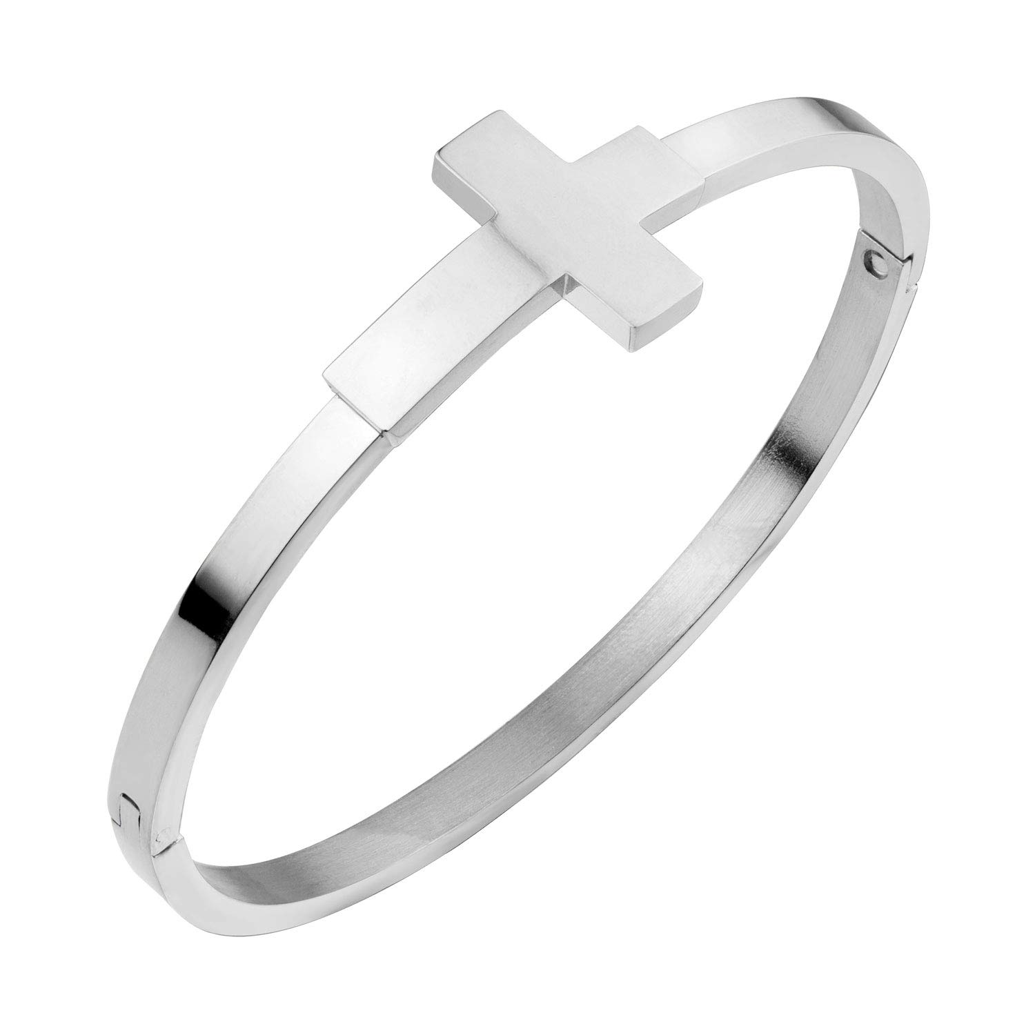 555 Jewelry Stainless Steel Sideways Cross Cuff Bangle Bracelet for Women - Hypoallergenic Hinge Lock Design - Perfect for Everyday Wear, Gift Giving & Religious Occasions