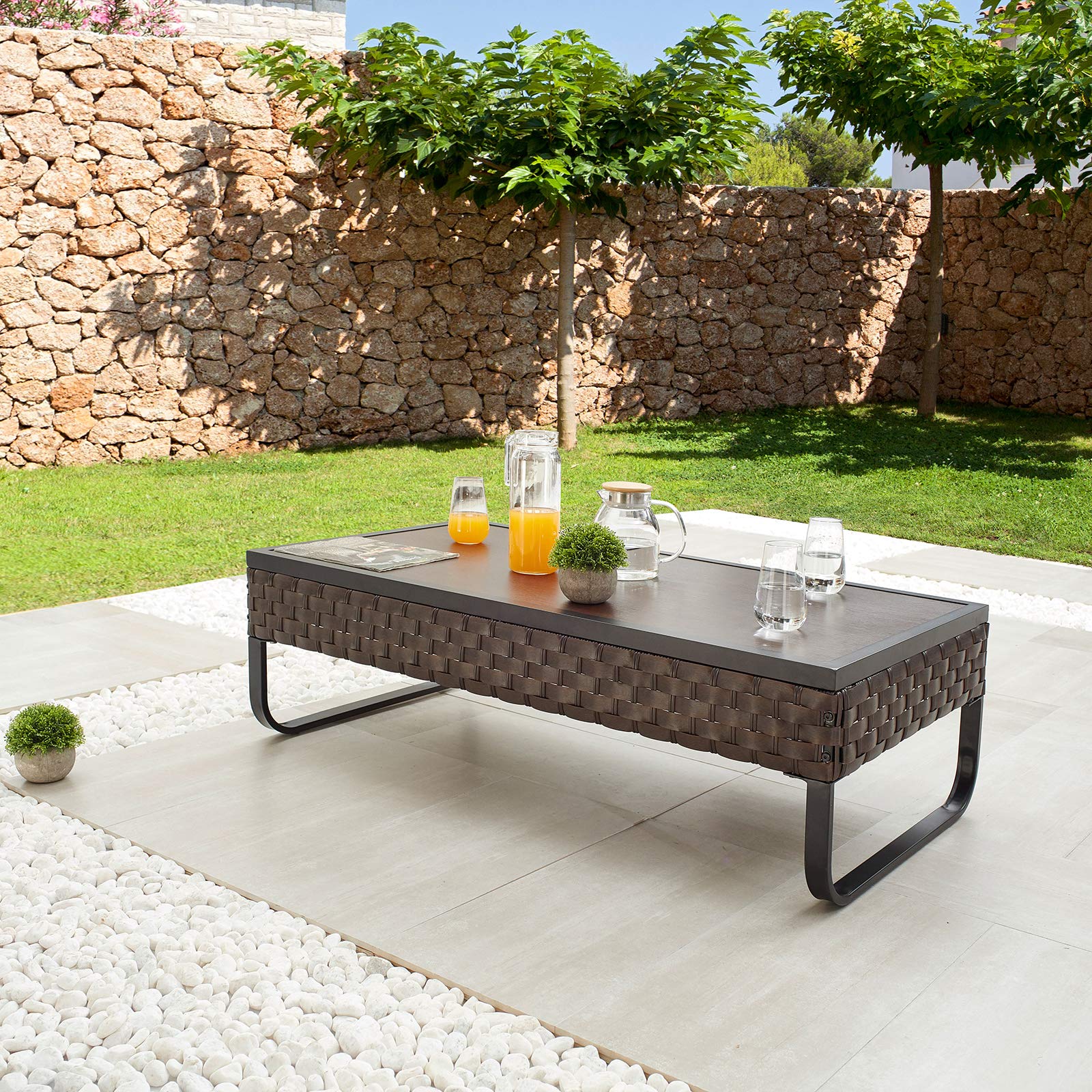 **Festival Depot Patio Table - Brown Rattan Woven Wicker Coffee Table with Aluminum Tabletop, All-Weather Outdoor Furniture for Backyard, Porch, Garden (U-Shaped Leg) - Perfect for Relaxing, Entertaining & Outdoor Dining**