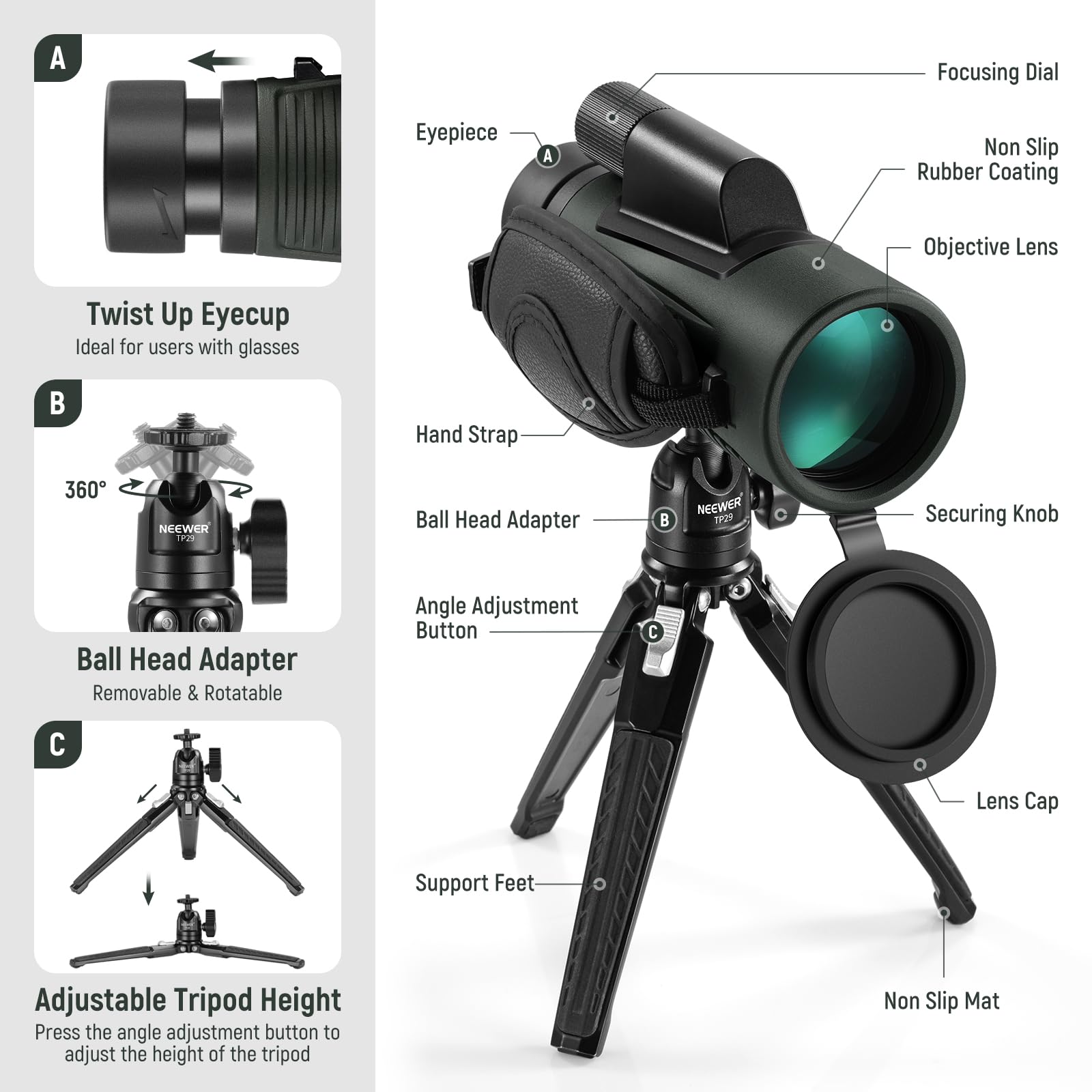 NEEWER 12x50 ED Monocular Telescope with Phone Adapter, Metal Tripod & Carrying Case - IPX7 Waterproof, Fogproof, Shockproof - SMC BAK-4 Prism for Smartphone Digiscoping - Perfect for Bird Watching, Hunting, Camping, Hiking & Stargazing