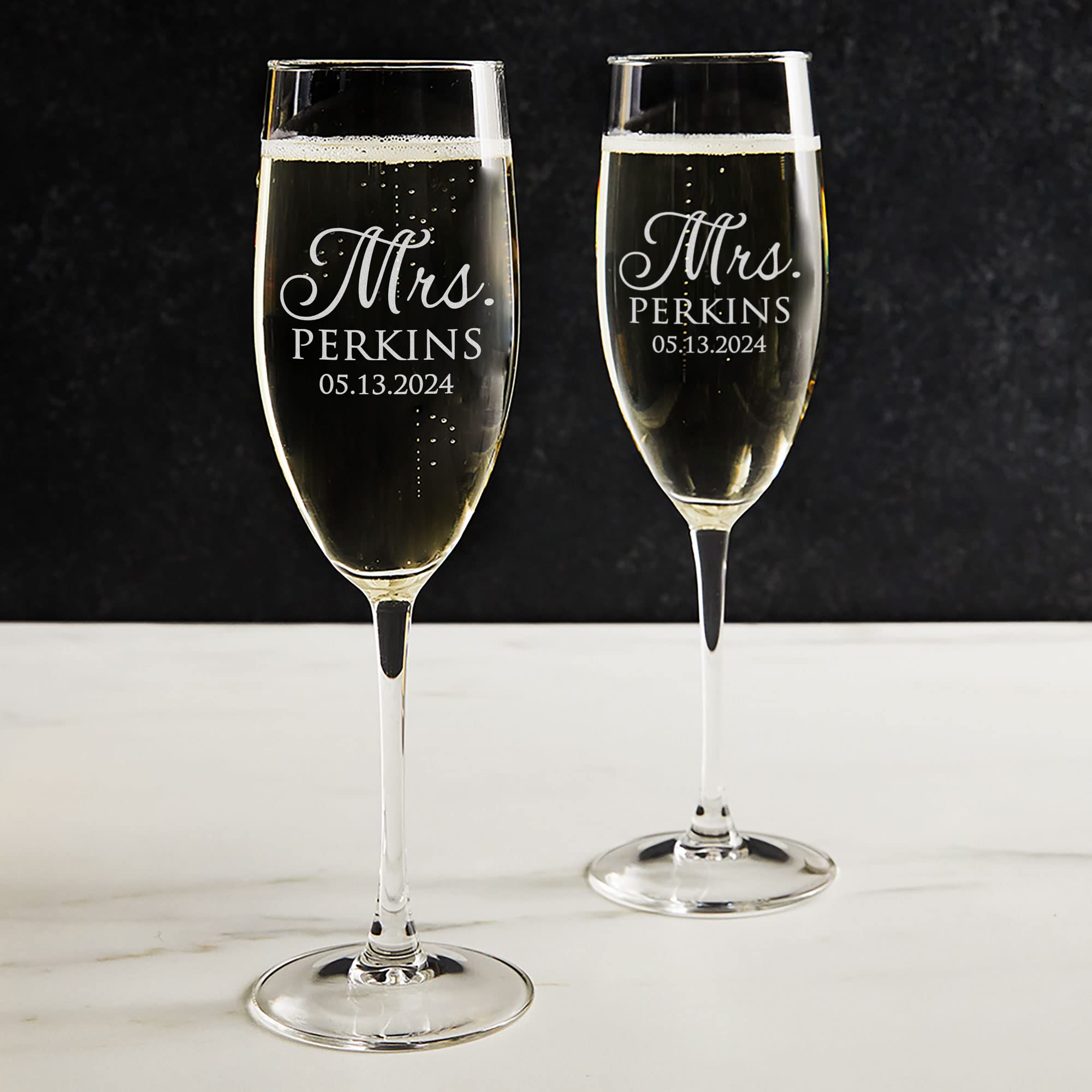 Personalized Mrs. & Mrs. Champagne Glasses Set of 2 - 8 oz Engraved Stemmed Flutes for LGBTQ Wedding, Same-Sex Couples & Newlyweds - Dishwasher Safe Wedding Gift - Perfect for Anniversaries, Bridal Showers & Romantic Celebrations