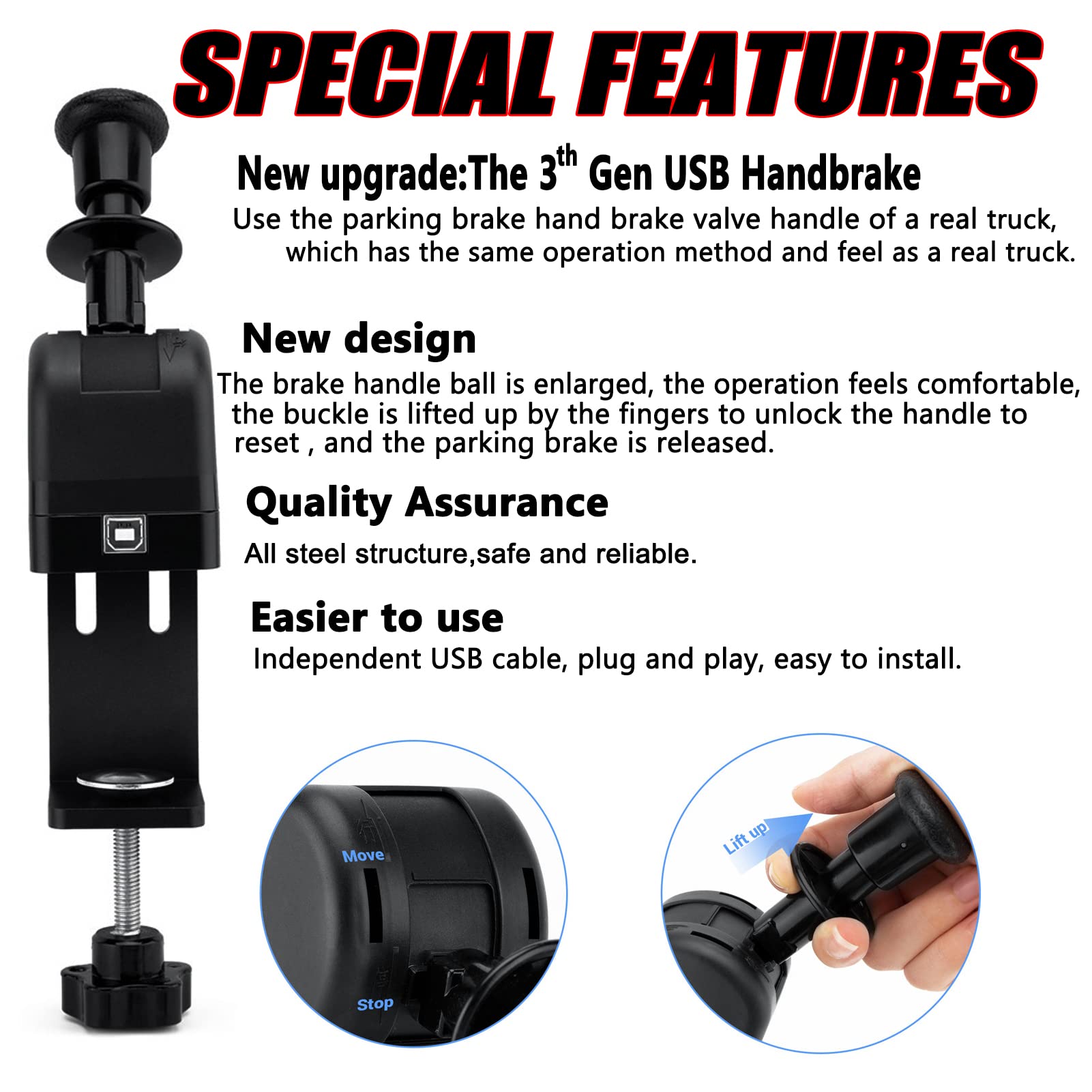 Obokidly USB Sim Racing Hand Brake - PC Truck Handbrake for ETS2 Euro Truck Simulator 2 | Compatible with Logitech G27/G29/G920/G923 & Thrustmaster T300RS/GT | Perfect for Drifting, Rally & Sim Racing Games | Durable Clamp Design for Realistic Driving Experience
