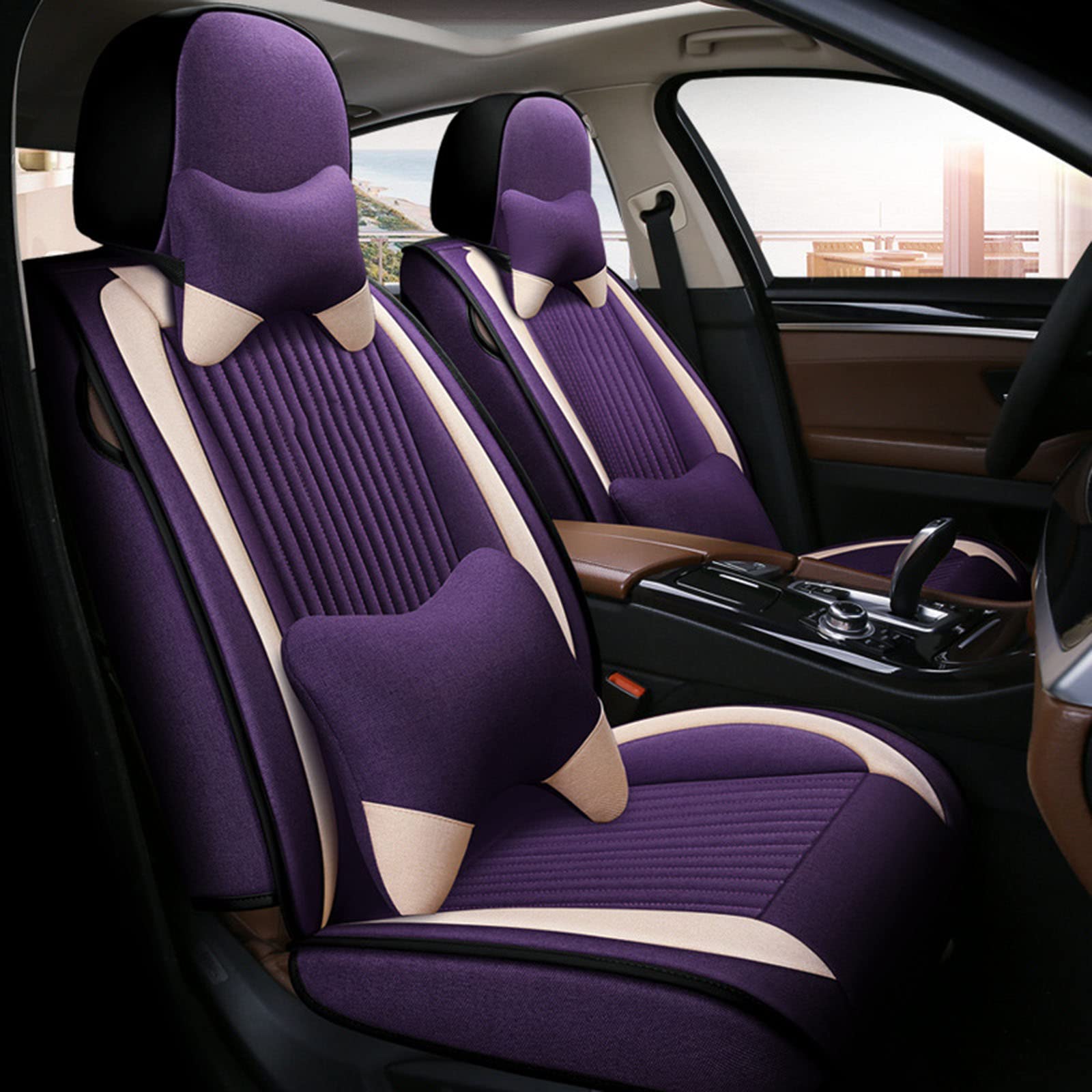 Luxury Breathable Car Seat Covers - Waterproof Linen Seat Cushion for Cars, SUVs & Trucks (5-Piece Set, Purple) | Universal Fit for 90% Vehicles | Perfect for Road Trips & Daily Commutes
