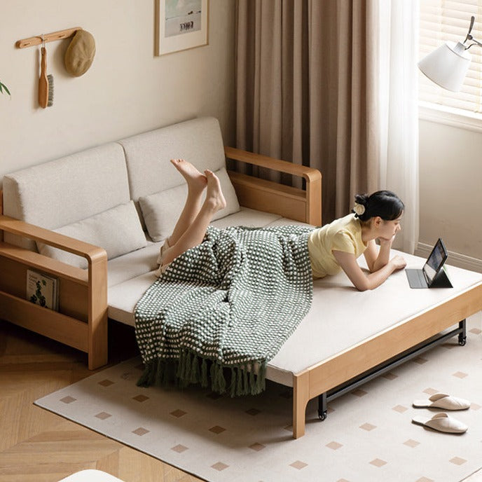 Solid Wood Sleeper Sofa - Beech & Oak Multi-Functional Convertible Sofa Bed for Living Room, Guest Room & Small Spaces