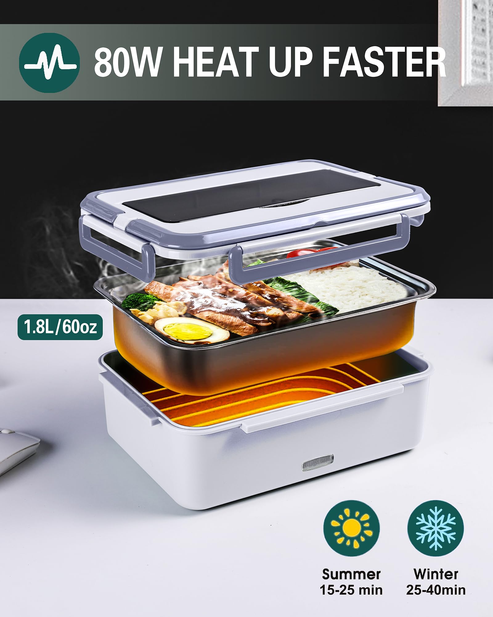 80W Electric Lunch Box for Adults - 1.8L Portable Food Warmer with Insulated Cooler Bag | 12V/24V/110V Heating Lunch Box for Work, Car, Truck & Home | Perfect for Office Meals, Road Trips & Commuting