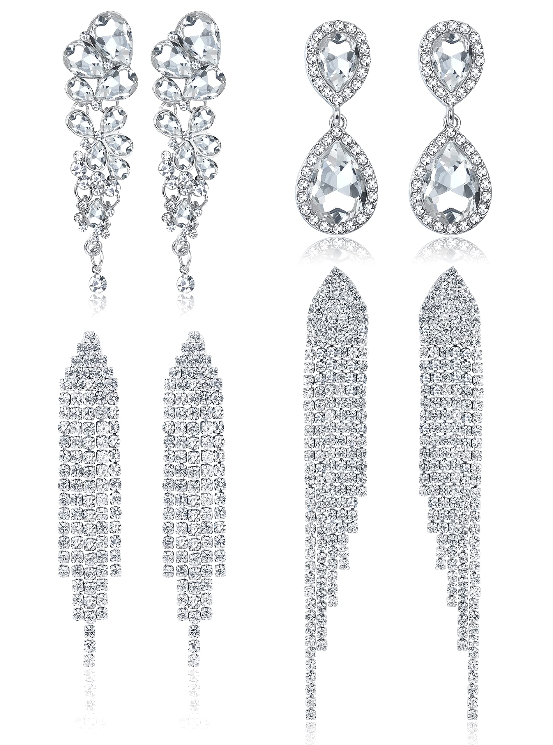 THUNARAZ 4 Pairs Silver Clip-On Earrings for Women - Sparkly Rhinestone Tassel Chandelier Dangle Earrings | Non-Pierced Prom Jewelry Set for Brides & Bridesmaids | Perfect for Weddings, Parties & Special Occasions