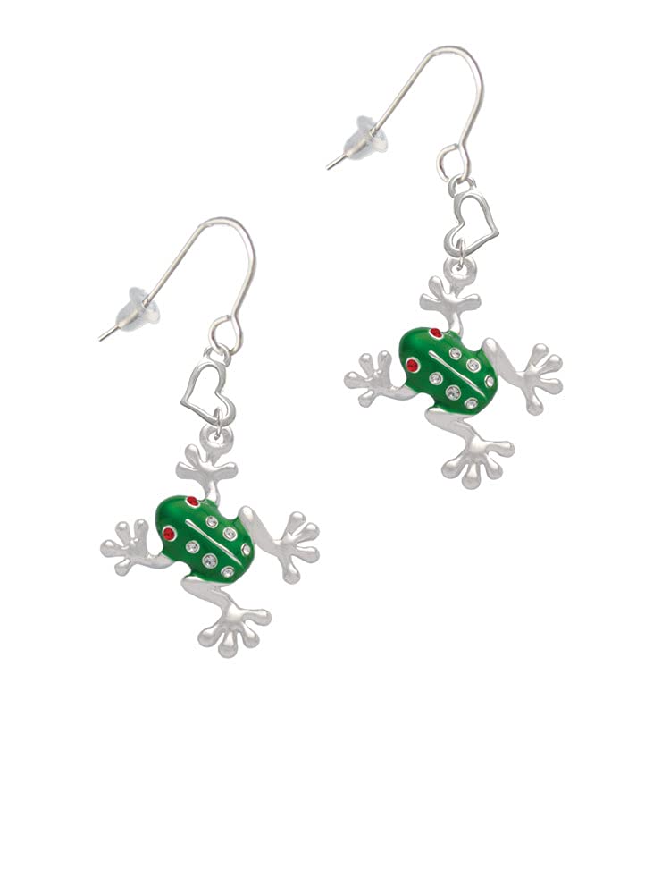 Silver Green Frog Crystal Heart French Earrings for Women