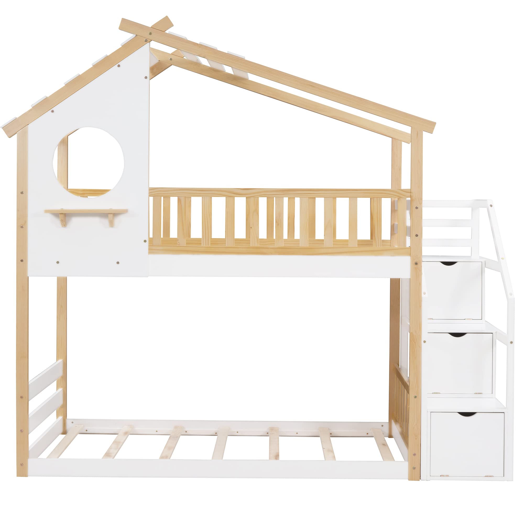 MERITLINE Twin Over Twin Low Bunk Bed with Roof & Stairs - Solid Wood Bunk Bed for Kids, Girls & Boys in Natural White Finish | Space-Saving Bedroom Solution for Siblings & Sleepovers