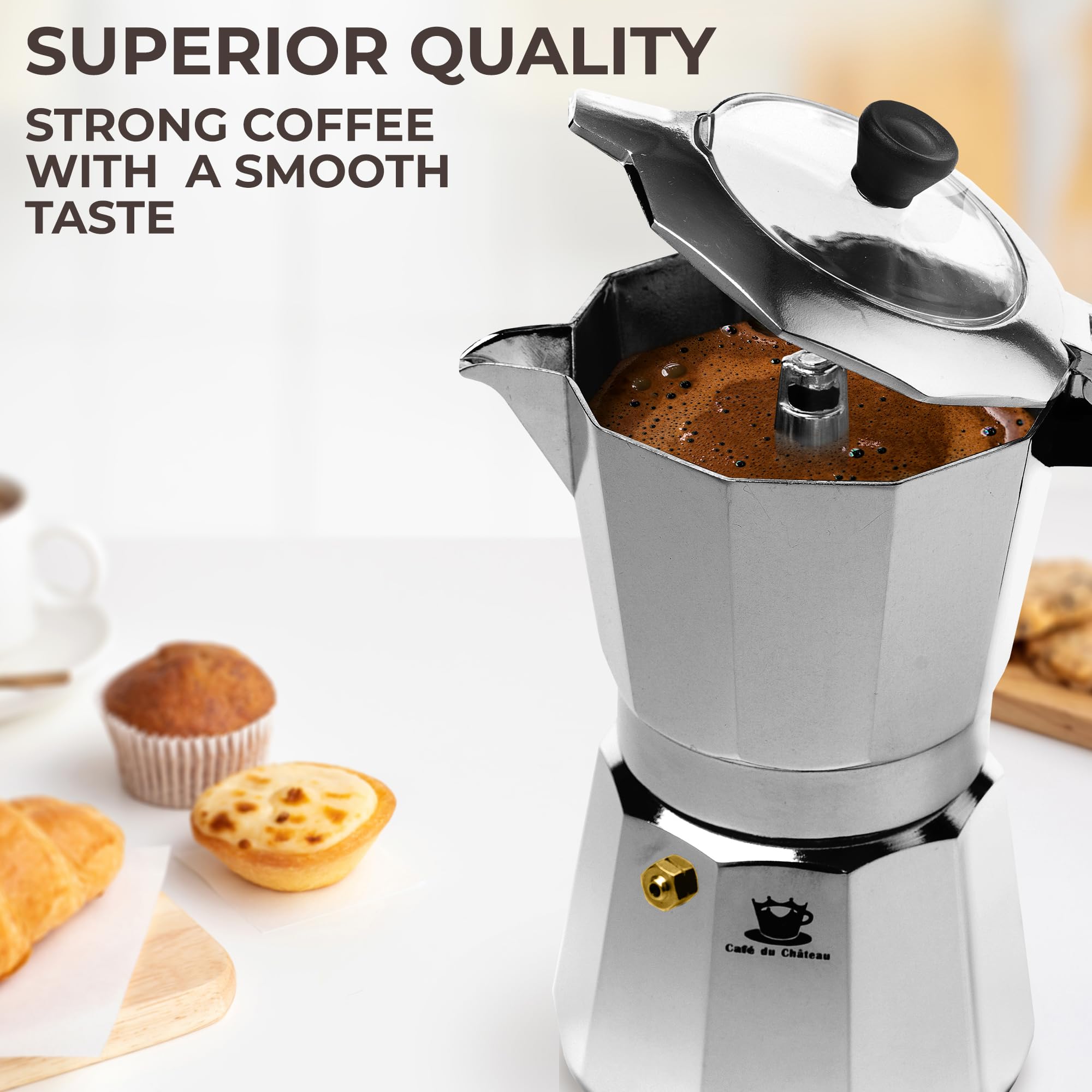 Cafe Du Chateau 6-Cup Espresso Maker & Coffee Percolator - Transparent Lid, High-Gloss Finish with Clip Spoon - Perfect for Camping, Home & Office Use