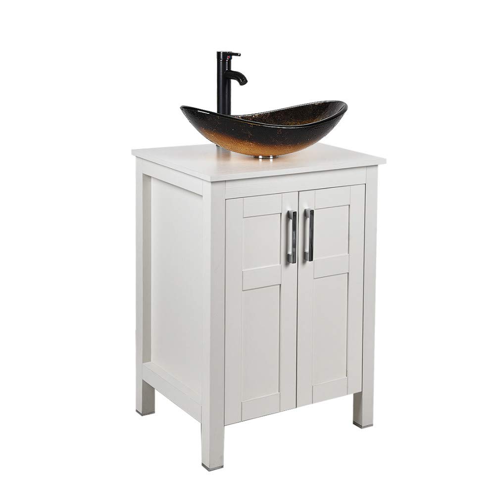 Puluomis 24 Inch White Traditional Bathroom Vanity Set with Gold Boat Tempered Glass Sink Top - Single Sink Vanity with 2-Door Storage Cabinet & Faucet Hole - Perfect for Small Bathrooms, Powder Rooms & Guest Baths