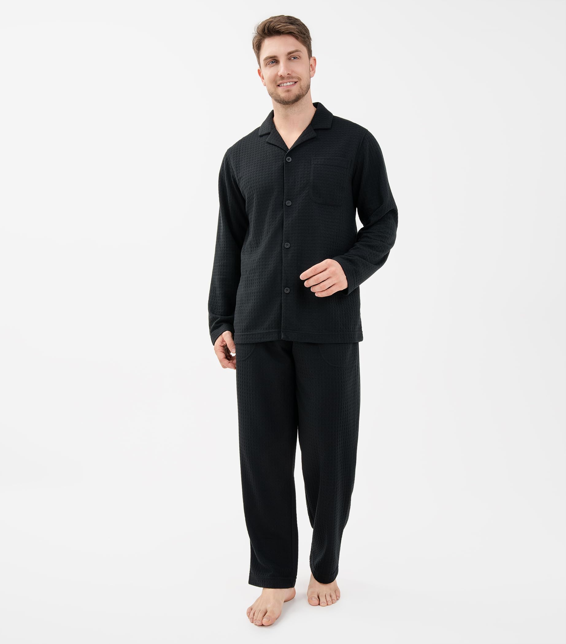 DAVID ARCHY Men's Waffle Knit Pajama Set - Soft & Warm Sleepwear with Notched Collar & Roomy Pockets - Cozy Winter Loungewear for Home Relaxation & Sleep