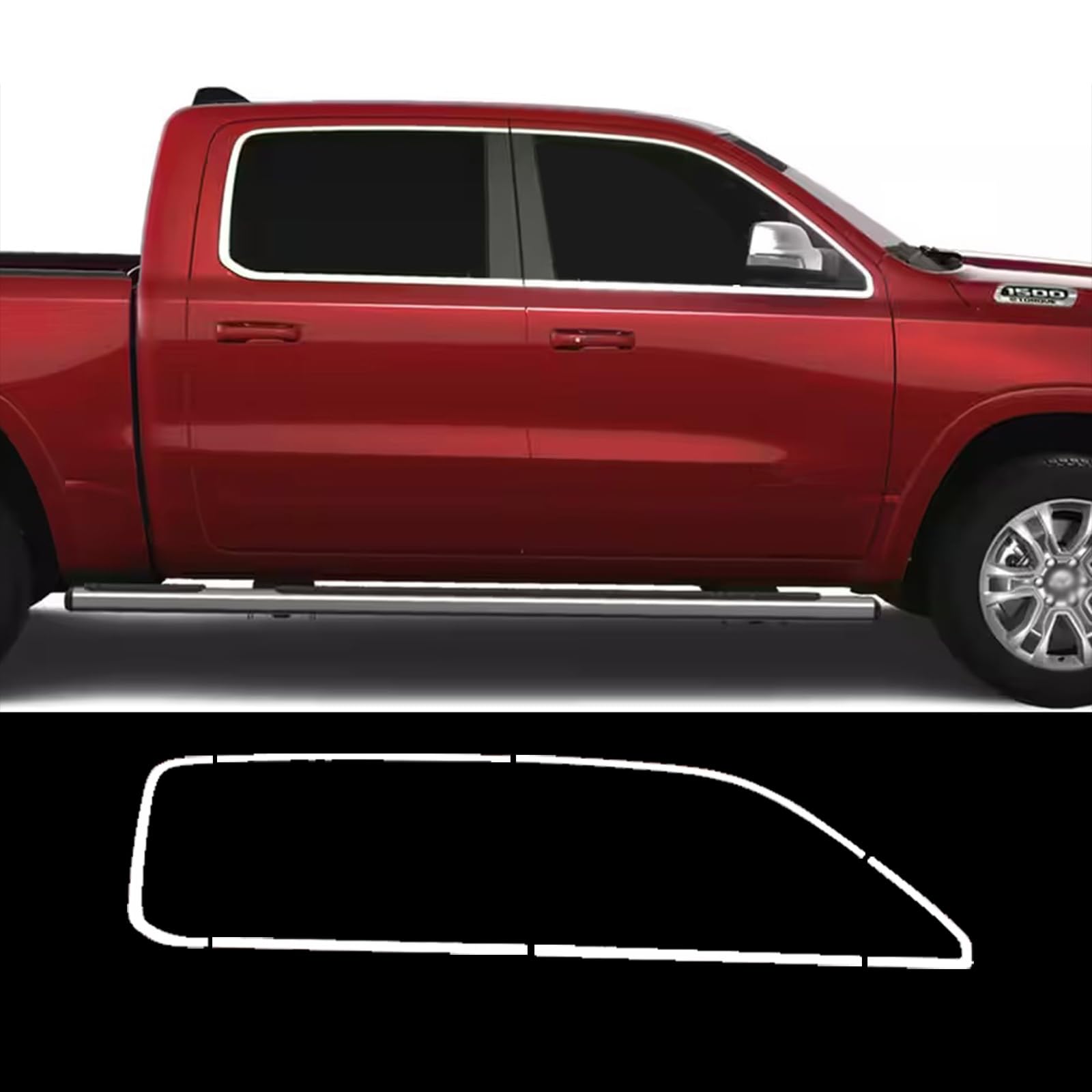 Premium Polished Stainless Steel Window Sill Trims for 2019-2025 Ram 1500 Crew Cab 4-Door Model - Durable Exterior Protection & Stylish Upgrade for Truck Windows