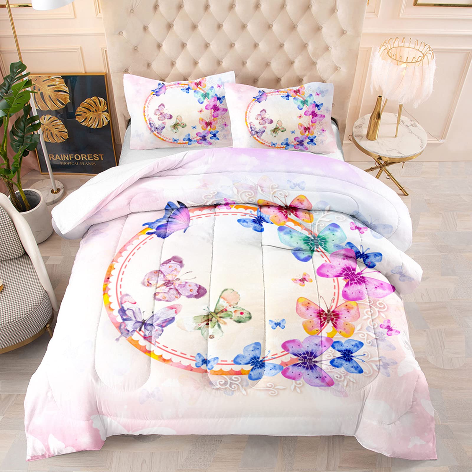 DTATY King Size 3-Piece Butterfly Comforter Set - Soft Pastel Pink Floral Circle Design, Includes 1 Comforter & 2 Pillow Shams - Perfect for Girls Bedroom, Teen Room Decor & Spring Summer Bedding