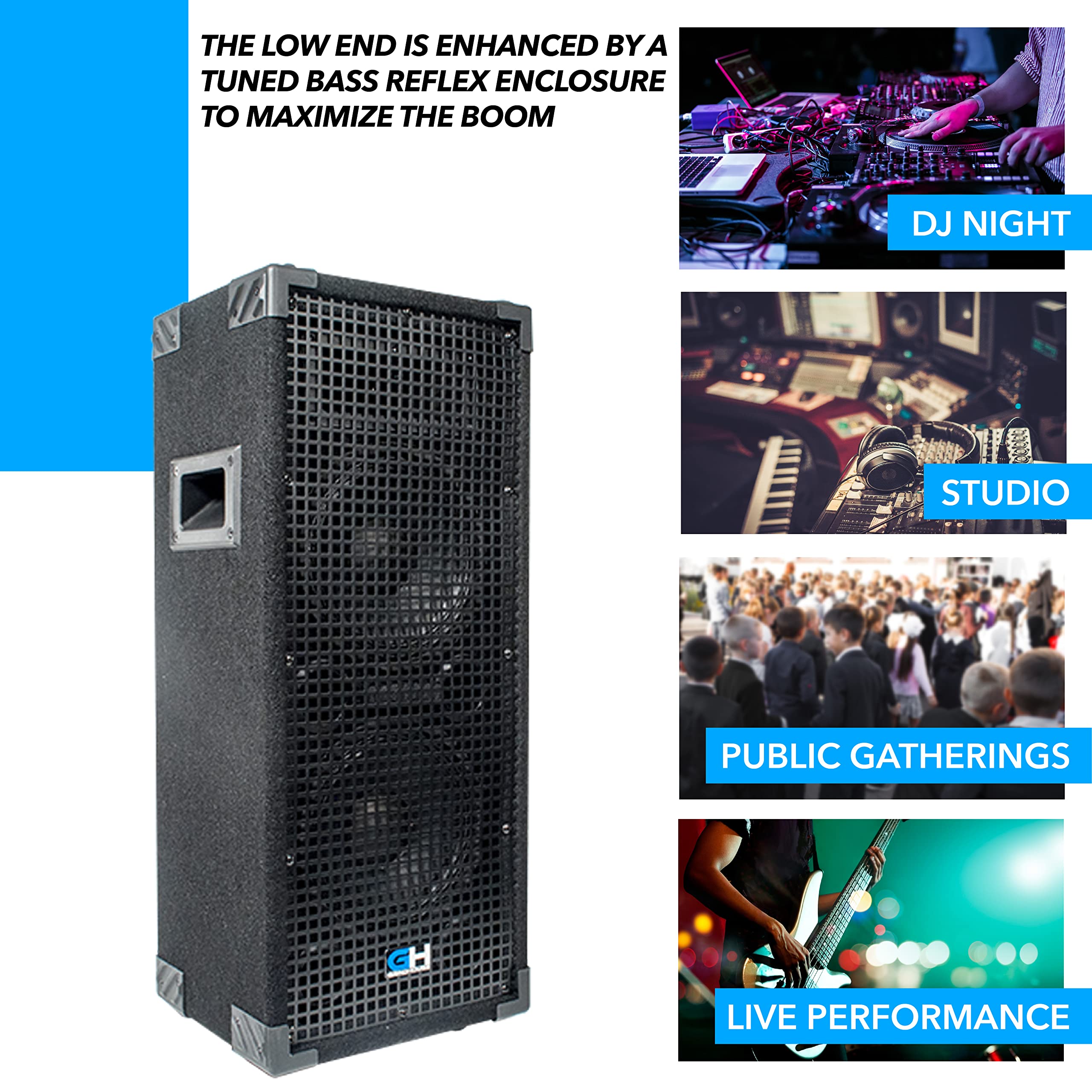 Grindhouse GH28L Passive Dual 8 Inch 2-Way PA/DJ Loudspeaker Cabinet - 900 Watt Full Range Speaker for Live Sound, DJ Sets, and Band Performances