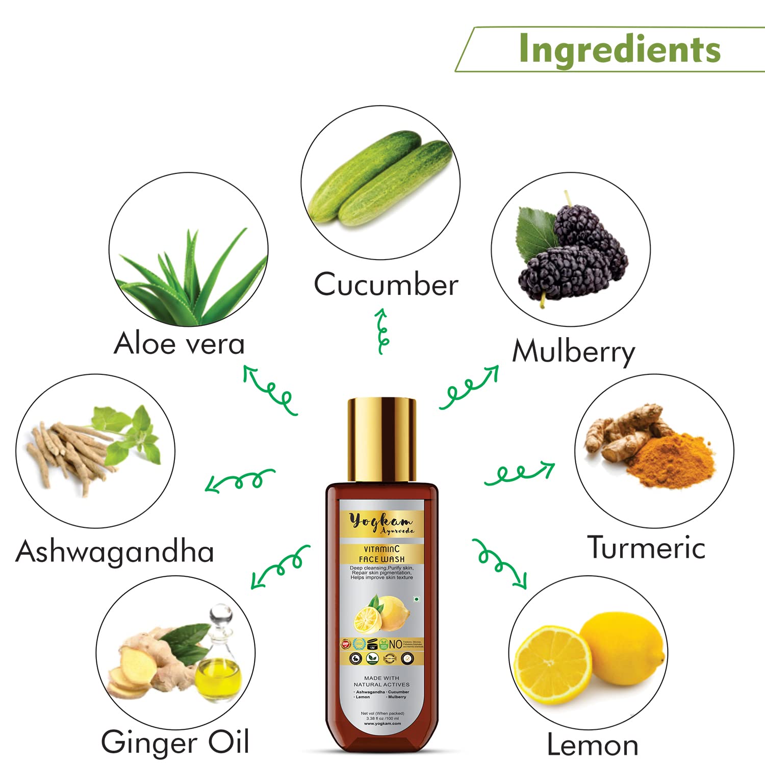 YogKam Ayurveda Vitamin C Face Wash for Glowing Skin - 100ml | Brightening & Anti-Aging Cleanser | Perfect for Daily Skincare Routine & Acne-Prone Skin