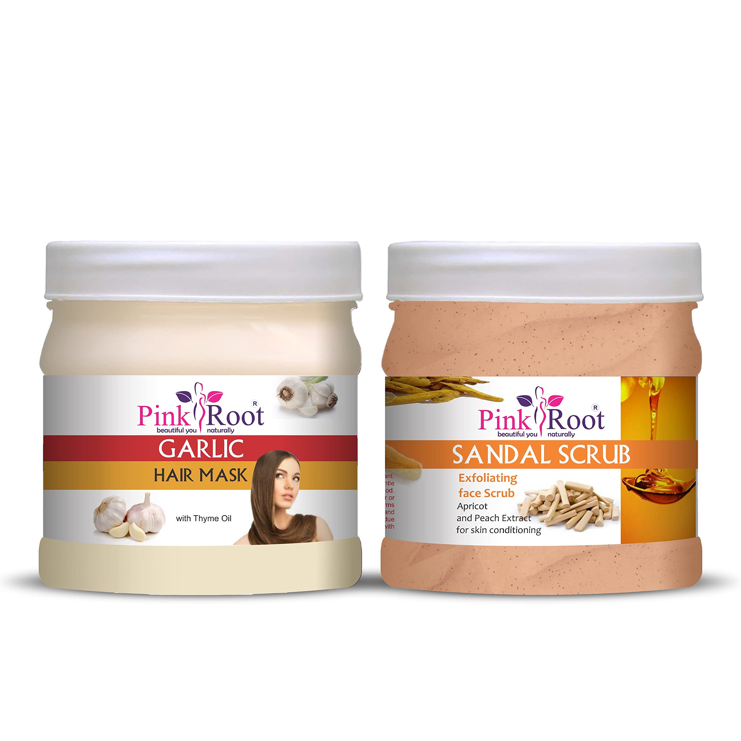 Pink Himalayan Root Sandal Scrub 500g with Garlic Hair Mask 500g - Exfoliating Body Scrub & Nourishing Hair Treatment for Spa Day at Home