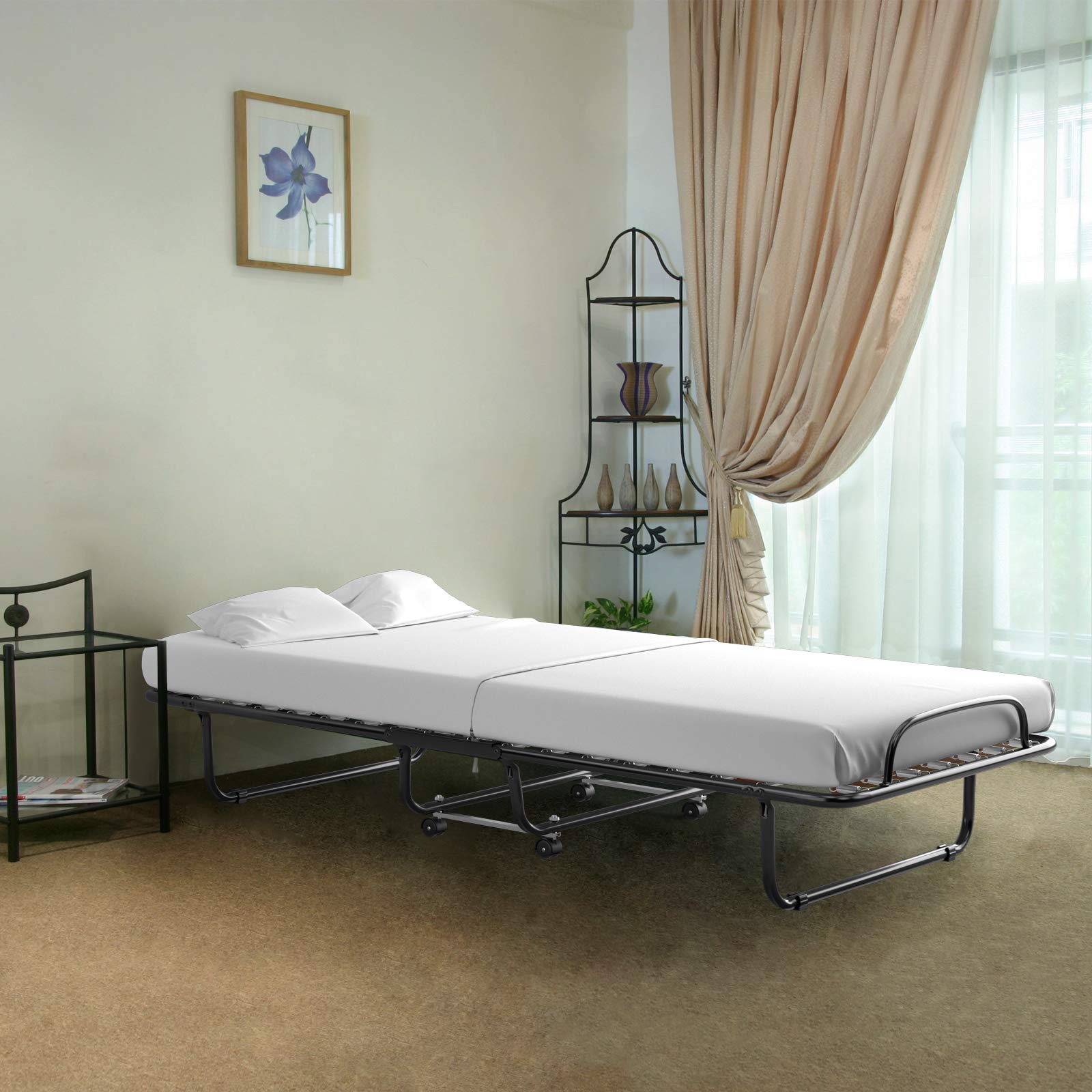 GOFLAME Folding Bed with Memory Foam Mattress - Portable Twin Size Bed with Sturdy Metal Frame & Wheels for Adults & Kids - Space-Saving Guest Bed for Home, Office & Travel - Made in Italy - Perfect for Sleepovers, Camping & Small Spaces