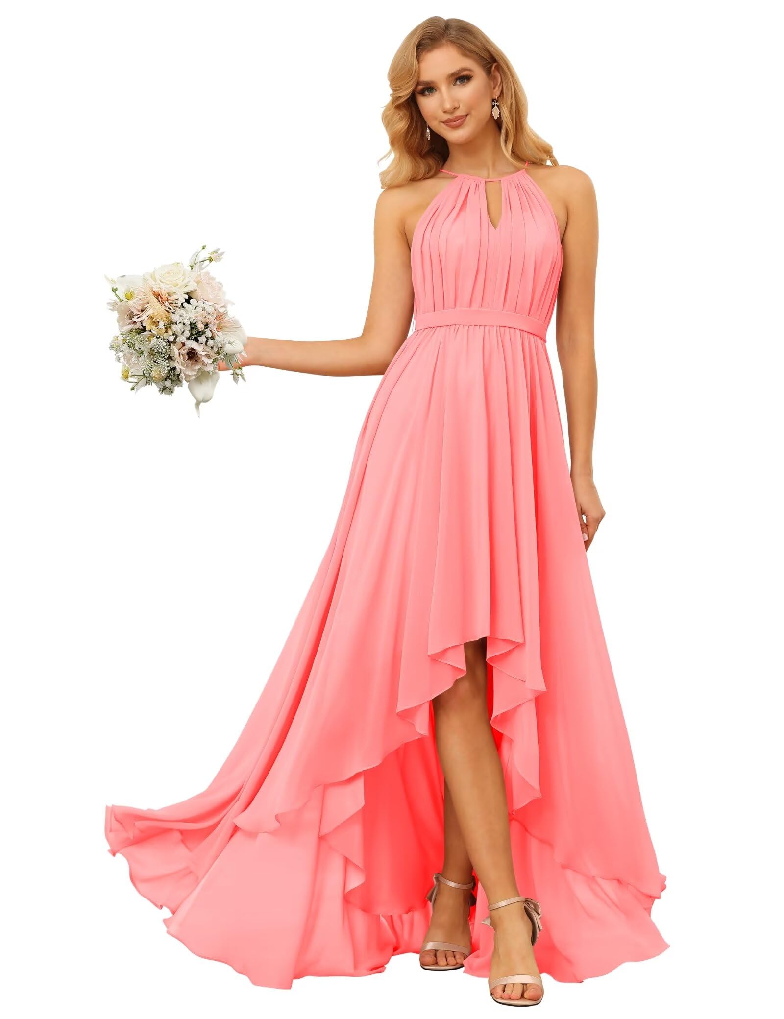 Elegant Chiffon Halter Bridesmaid Dresses for Women - Ruched Formal Evening Gown with Slit - Perfect for Weddings, Proms & Special Occasions