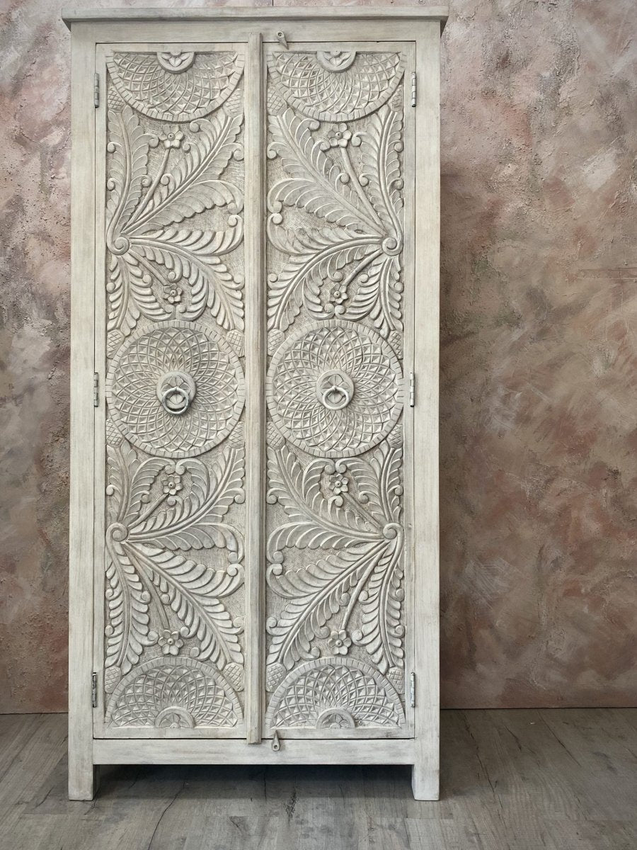 Hand Carved Wooden Armoire - White Indian Wardrobe for Bedroom & Living Room Storage | Traditional Handcrafted Wood Closet Organizer