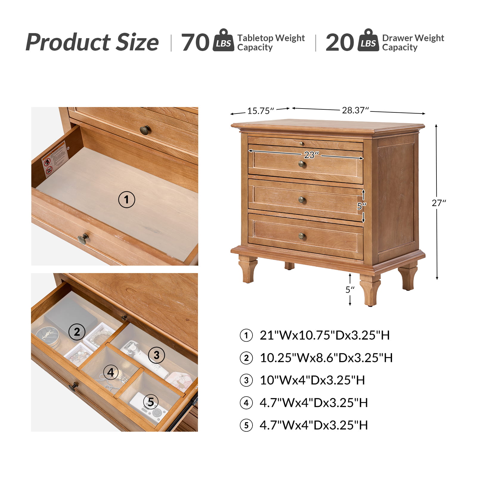 Galatea 3-Drawer Nightstand with USB Charging Ports & Power Outlets - Modern Bedside Table with Storage for Bedroom, Living Room or Office