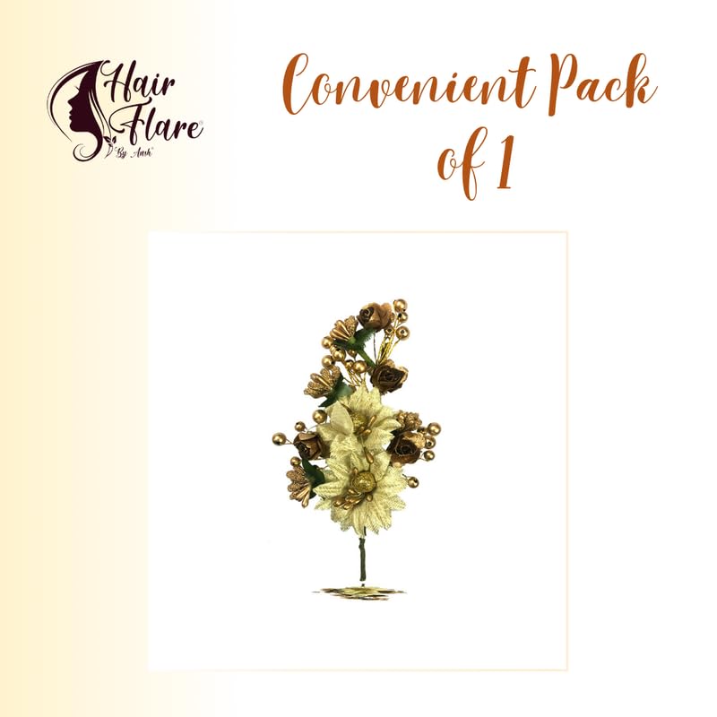 Elegant Gold Hair Flare with Artificial Flowers & Pearls Hairpin - Women & Girls Hair Accessories for Weddings, Parties & Special Occasions - Pack of 1