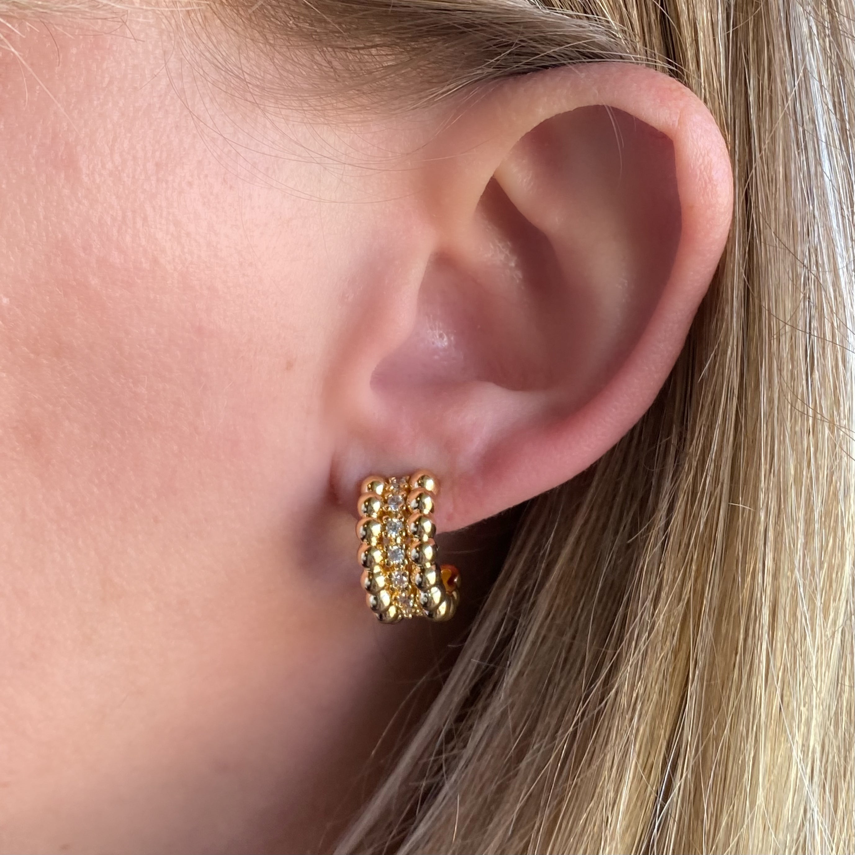 18K Gold Filled Beaded C Hoop Earrings with Cubic Zirconia Stones - Elegant Dangle Earrings for Women, Perfect for Parties, Weddings & Everyday Wear