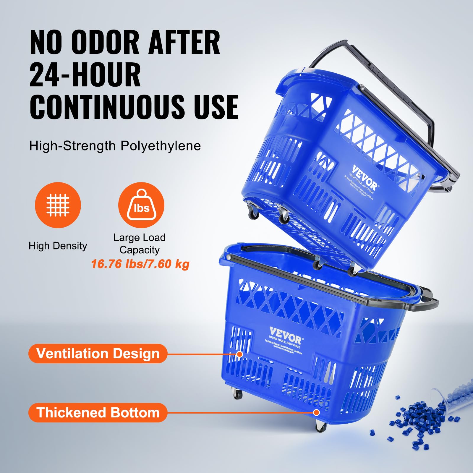 VEVOR 6-Piece 39L Rolling Shopping Baskets with Handles & Wheels - Large Plastic Shopping Cart for Supermarkets, Retail Stores & Grocery Shopping - Portable & Durable for Home, Office & Commercial Use (Blue)