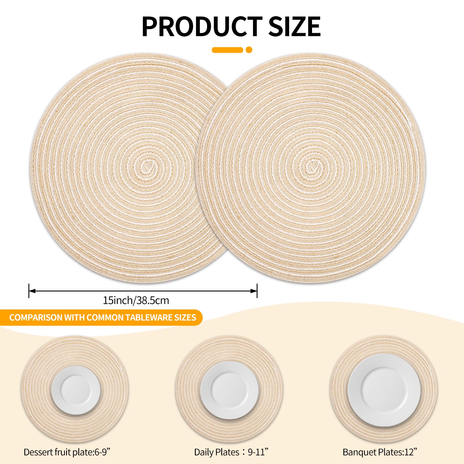 PECULA Round Braided Placemats Set of 4 - 15 Inch Non-Slip Heat Resistant Woven Table Mats for Kitchen & Dining Room Decor | Perfect for Holiday Dinners, Parties, and Everyday Use