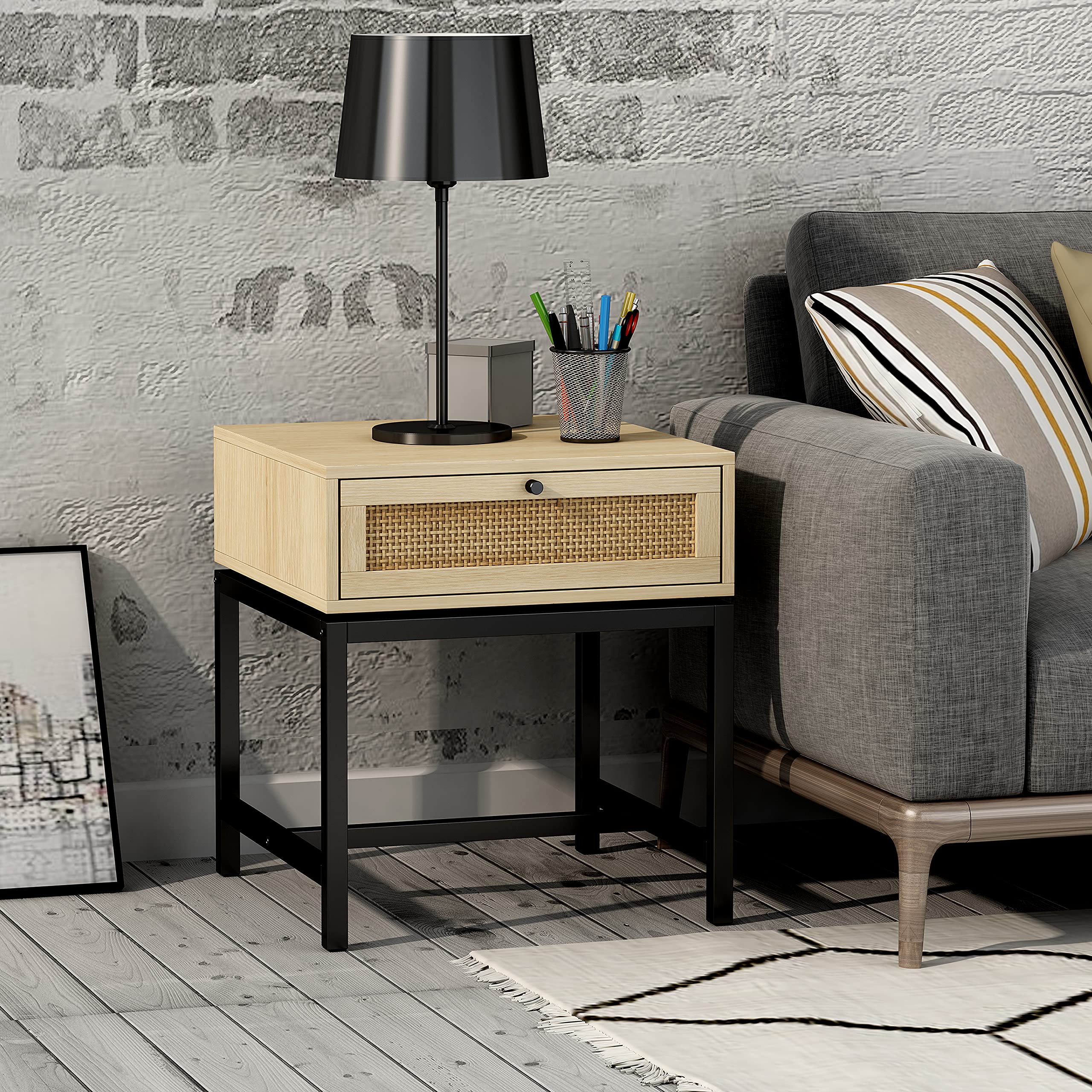 Mid Century Modern Nightstand with Rattan Storage Drawer - Wood Accent Table with Black Metal Frame for Bedroom & Living Room - Perfect as Bedside Table, End Table or Stylish Home Decor