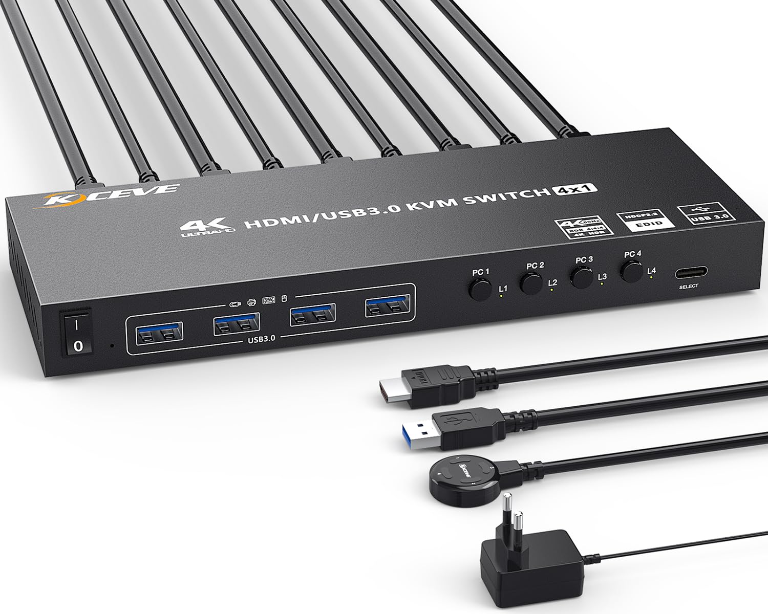 4K@60Hz USB 3.0 KVM Switch for 4 Computers - HDMI 4 Port Hub with EDID Emulator, Supports 2K@144Hz, Share 1 Monitor & 4 USB 3.0 Devices | Includes Wired HDMI+USB 3.0 Cables & Controller | Perfect for Home Office, Gaming Setup & Multi-PC Workstations