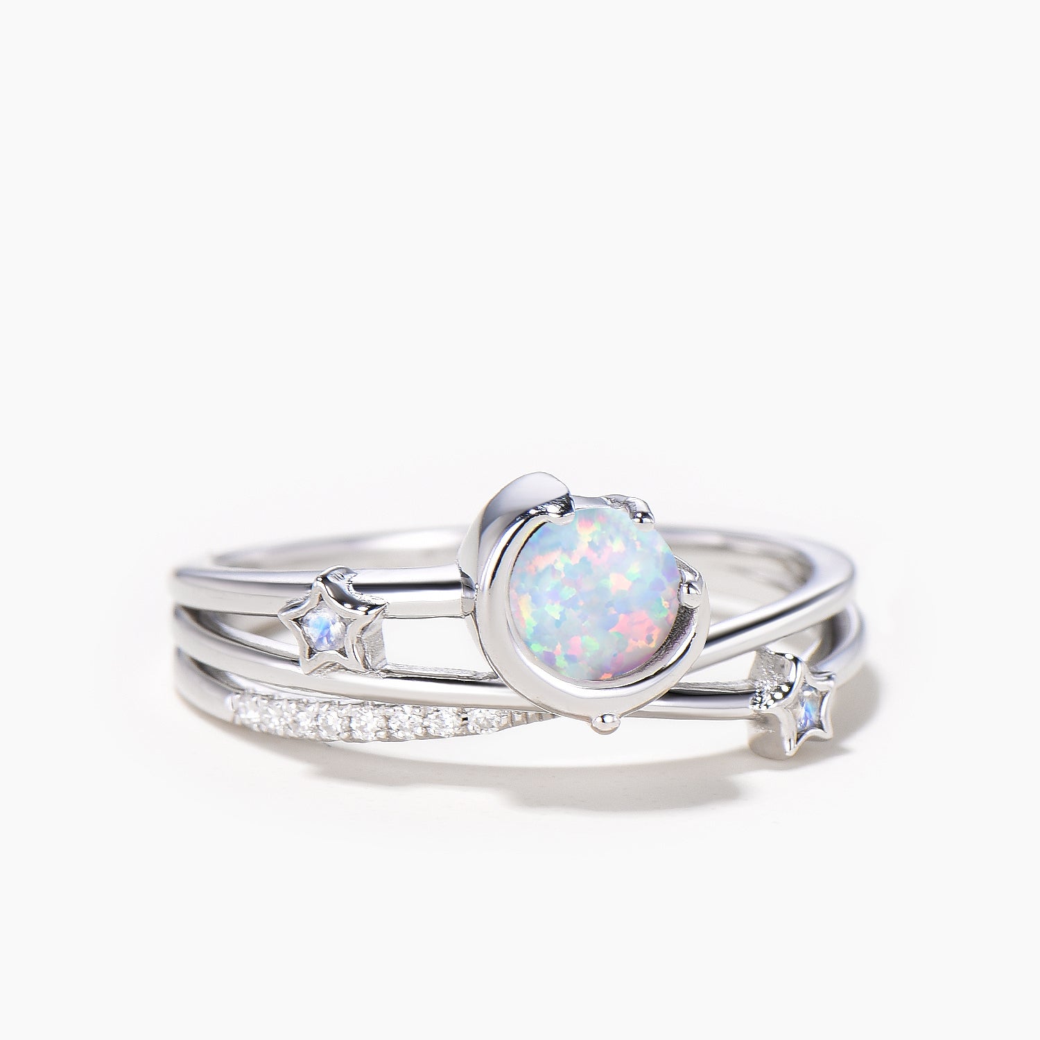 Round Cut White Opal Moon Star Engagement Ring - Twisted Diamond Wedding Band for Women | Perfect for Proposals, Anniversaries & Romantic Occasions