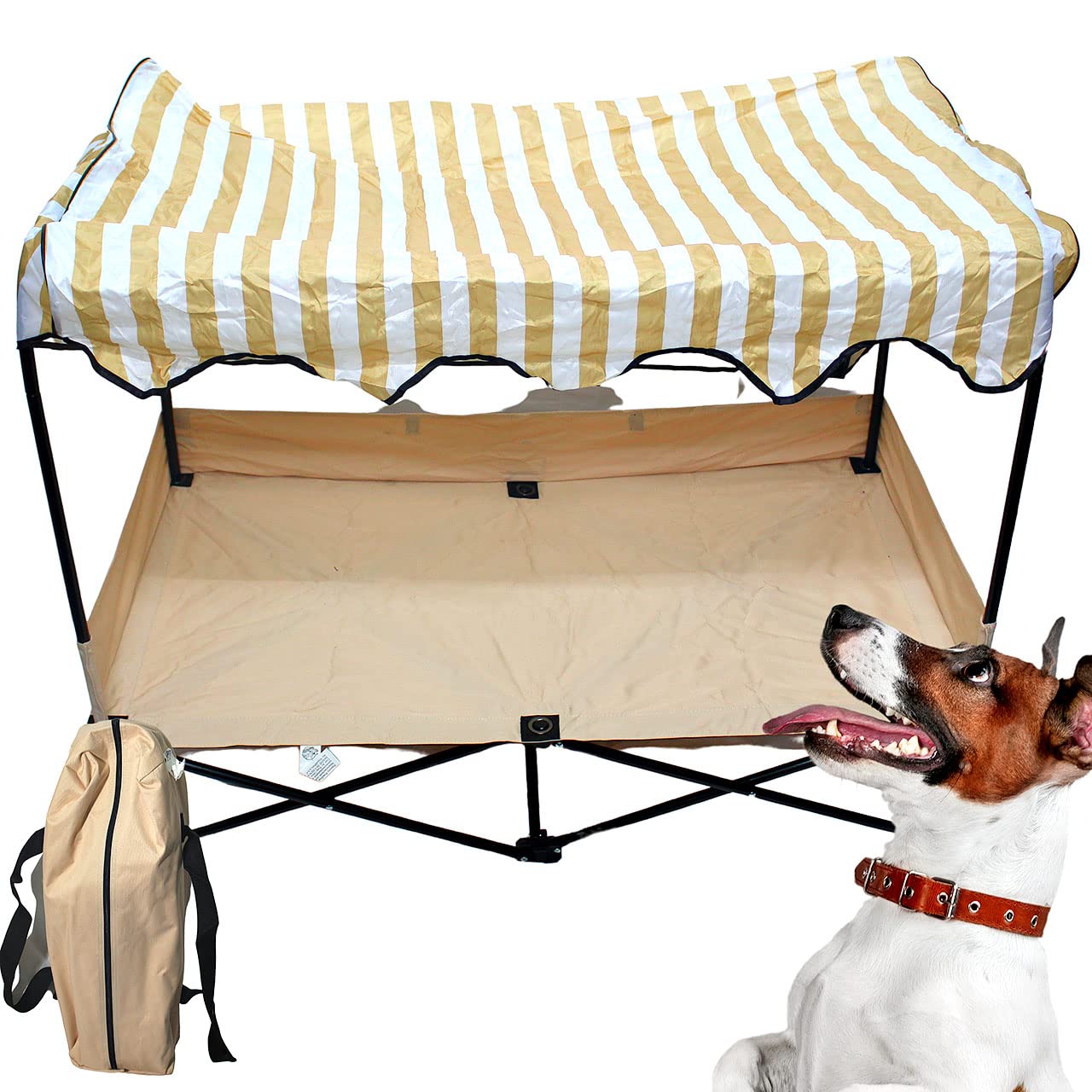 Bonka Bird Toys Dog KOT to Trot Junior Outdoor Travel Bed with Shade - Portable Patio Kennel House for Small Dogs & Terriers (Almond) - Perfect for Camping, Beach Trips & Backyard Relaxation