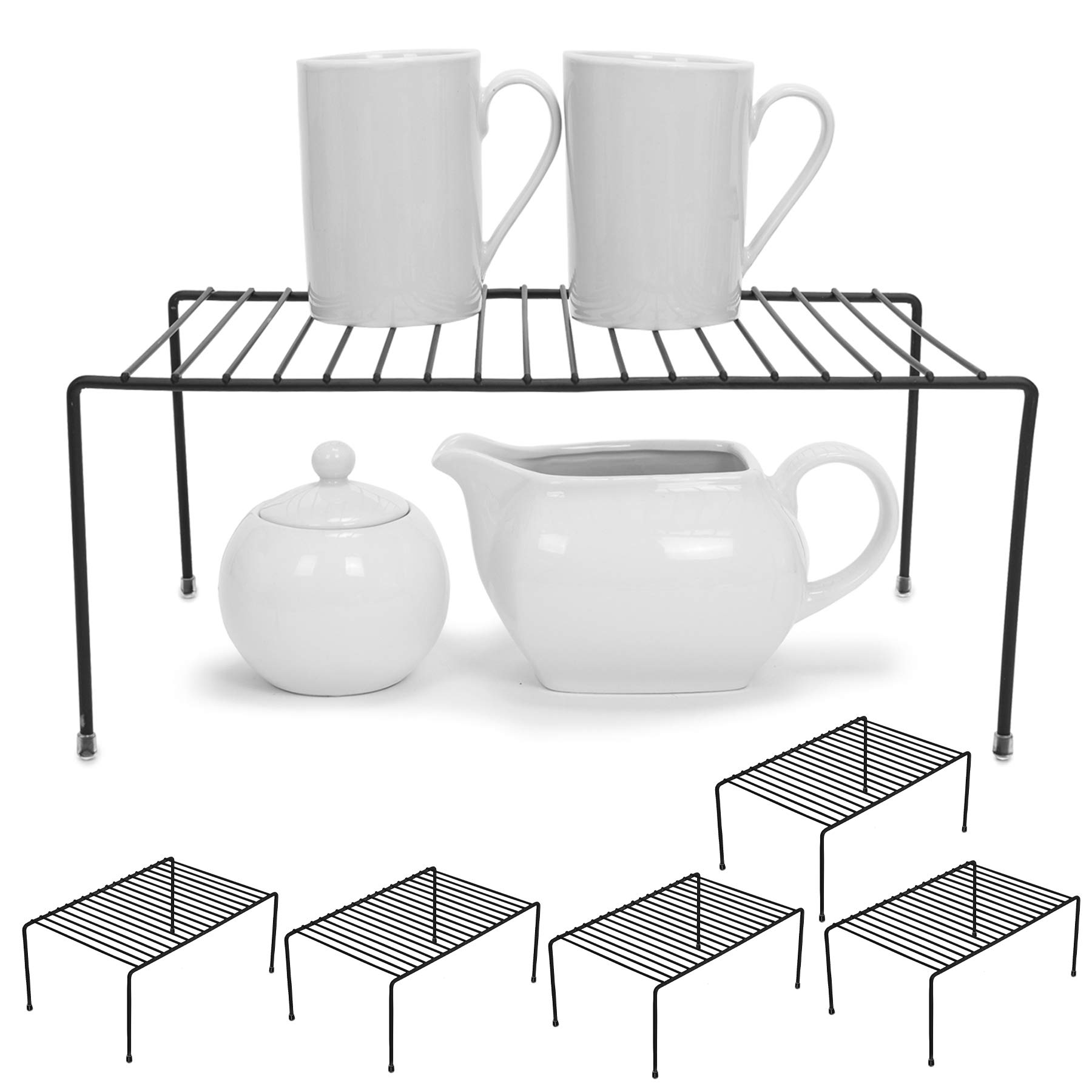 Smart Cabinet Storage Shelf Rack Set of 6 - Medium Size 8.5 x 13.25 Inch - Non-Slip Feet & Rust Resistant Steel Frame - Kitchen Organizer for Cups, Dishes, Pantry & Countertop - Perfect for Small Space Organization - Black