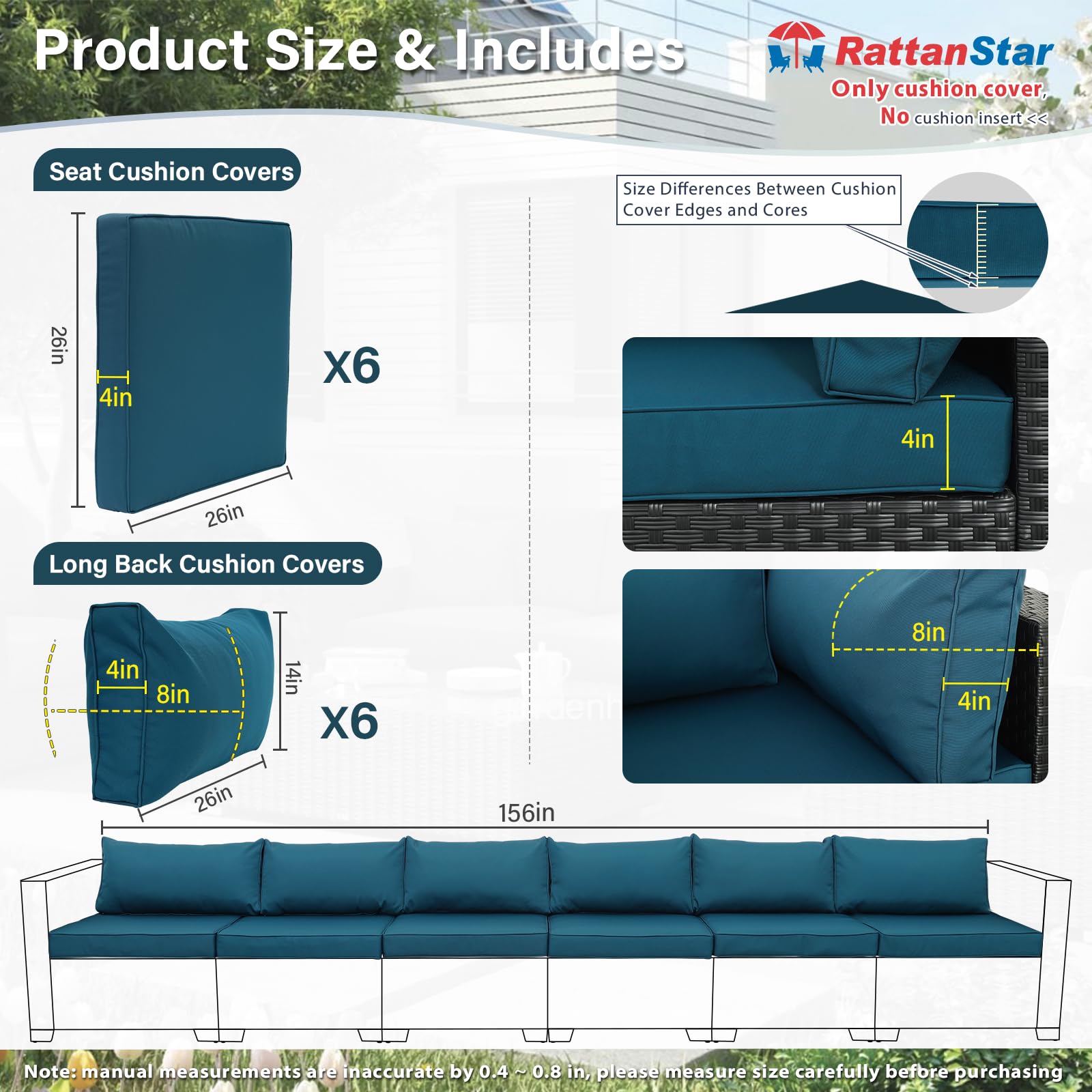 Waterproof Outdoor Cushion Covers for Patio Furniture Set - Non-Slip Square Sofa Cushion Slipcovers Replacement (Peacock Blue) - Perfect for Sectional Sofas, Deck Chairs & Poolside Lounging