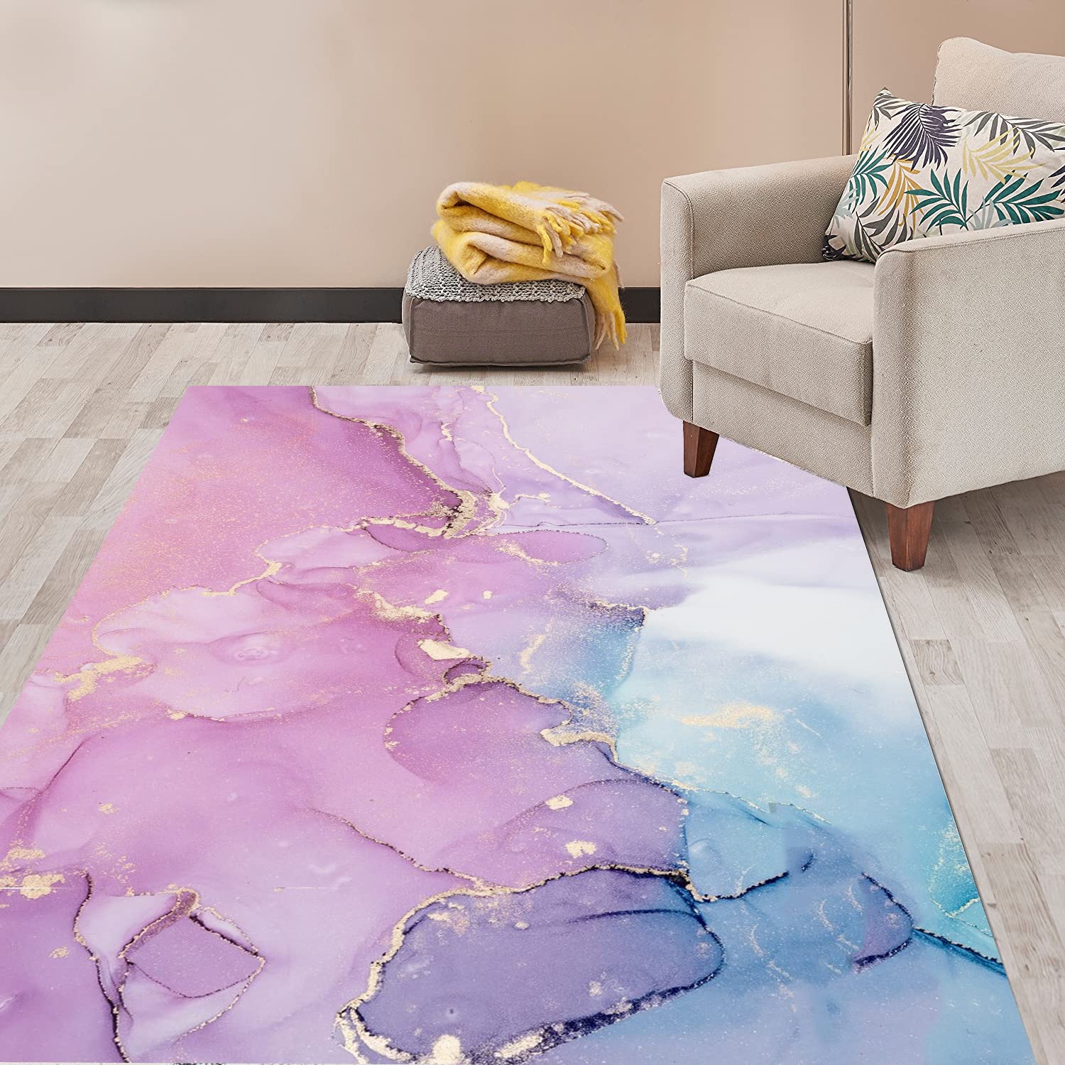 Gold Pink Marble Pattern Modern Abstract Area Rug 6x9 - Chic Boho Style Non-Slip Carpet for Living Room, Bedroom, Dining Room | Perfect Under Coffee Table, Girls Playroom, Kitchen & Laundry Room Decor