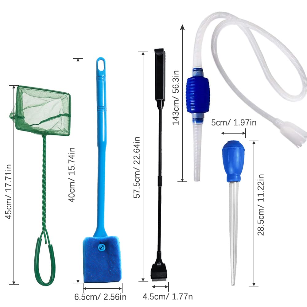 5 in 1 Aquarium Fish Tank Cleaning Tools Kit - Gravel Cleaner Siphon, Water Changer, Algae Scraper, Sponge Brush & Fishing Net for Freshwater & Saltwater Tanks - Perfect for Fish Tank Maintenance & Water Quality Control