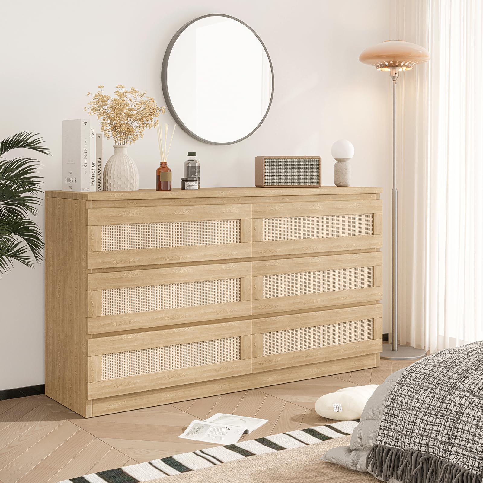 Natural Oak Rattan Dresser with 6 Drawers - Wooden Chest of Drawers for Bedroom, Closet, Living Room & Entryway | Perfect for Nightstands, TV Stands & Hallway Storage