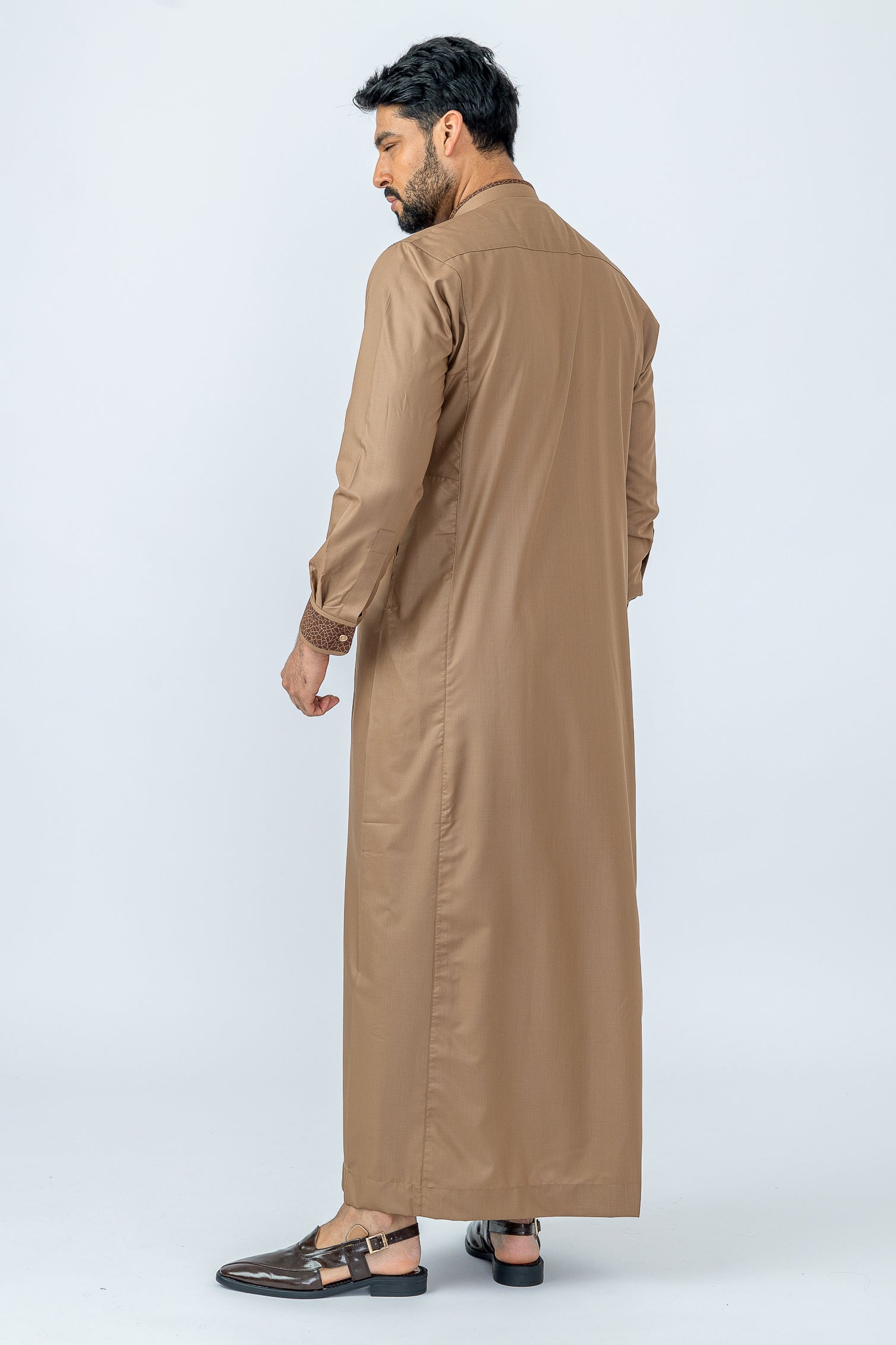 Aztec Almond Brown Thobe for Men - Traditional Islamic Robe with Embroidery - Perfect for Eid, Ramadan & Special Occasions