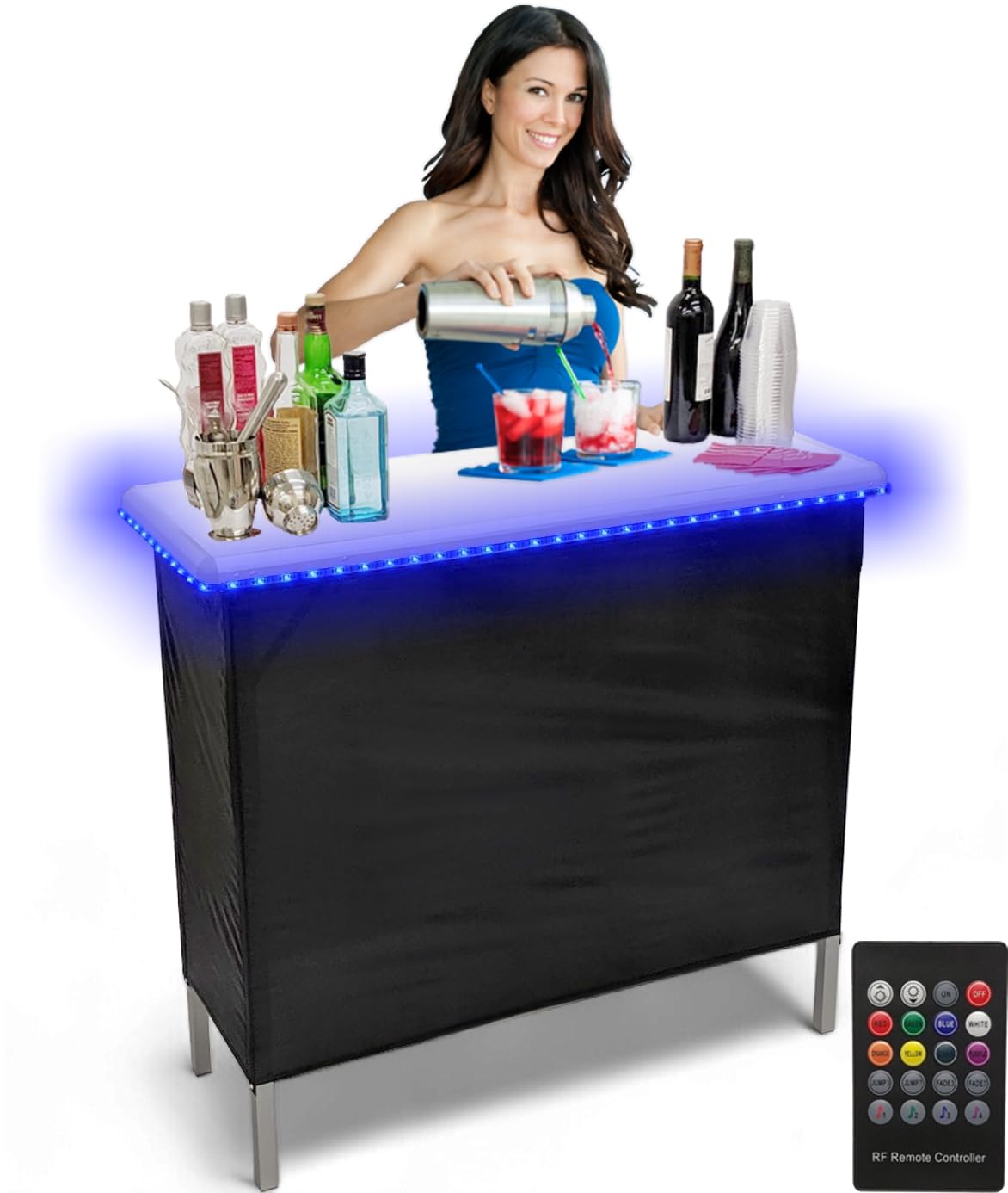 PARTYPONG Folding Portable Bar with LED Lights - Wireless Remote Control, 2 Bar Skirts, Storage Shelf & Carrying Case (White) - Perfect for Outdoor Parties, Weddings & Home Entertaining