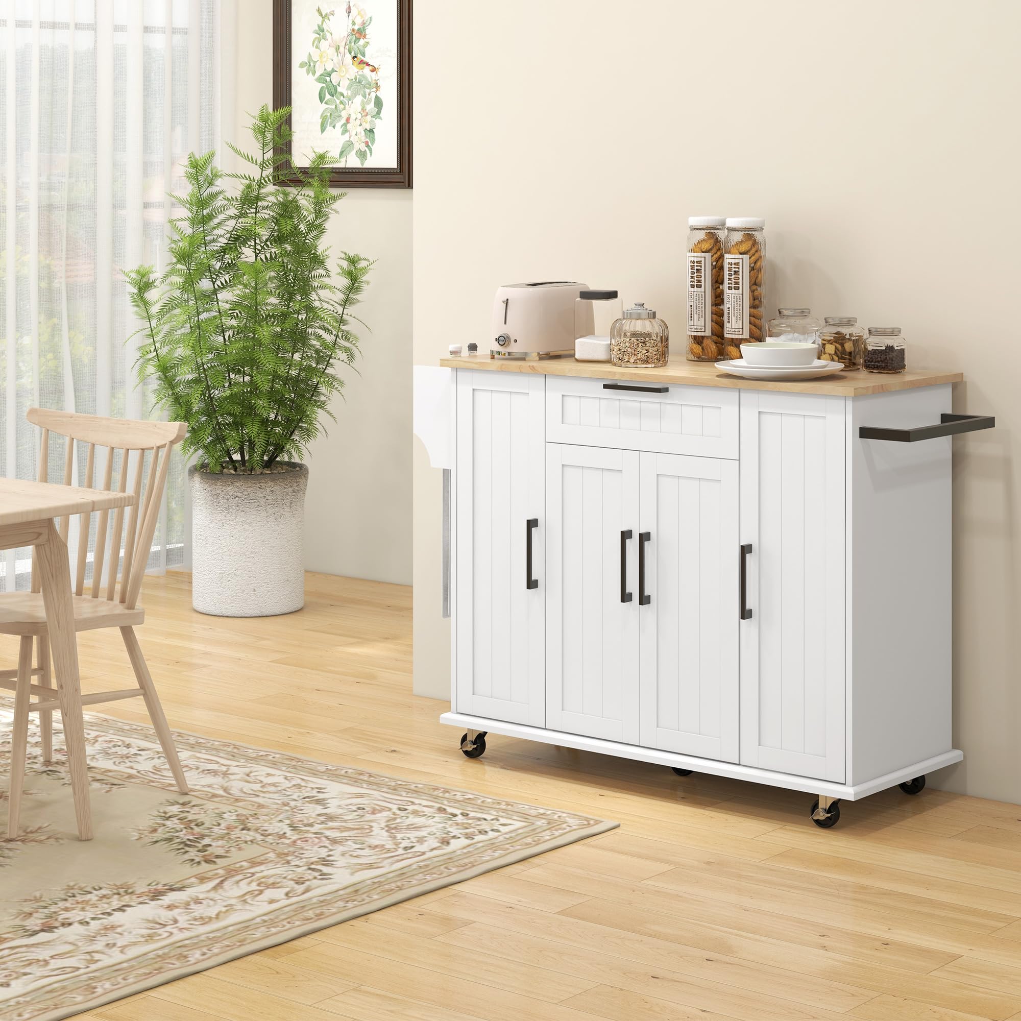 HOMCOM White Kitchen Island Cart on Wheels with Rubberwood Top - Rolling Kitchen Storage Cabinet with Drawer, Spice Rack, Towel Rack & Adjustable Shelves - Perfect for Small Kitchens, Apartments & Food Prep Stations