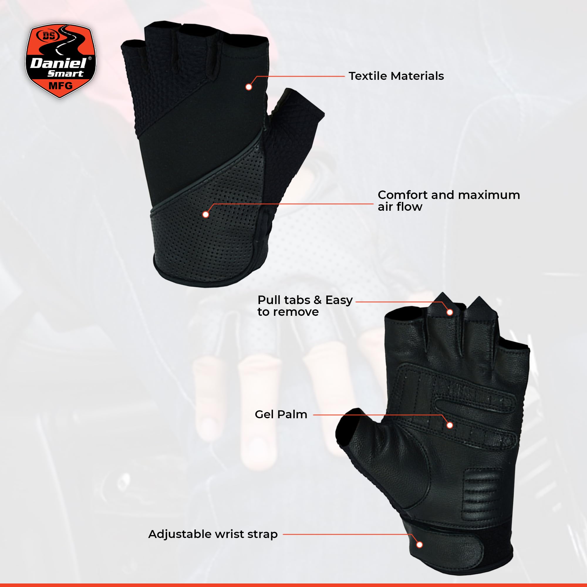 Daniel Smart Men's Textile & Leather Fingerless Motorcycle Gloves with Reflective Piping & Gel Palm - Biker Gear for Riding, Cycling & Outdoor Activities