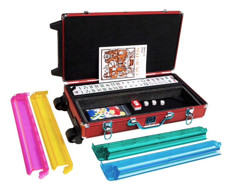 American Mahjong Game Set with Wheeled Aluminum Case - White Tiles & Pusher Arms (Red) | Perfect for Travel, Parties & Family Game Nights