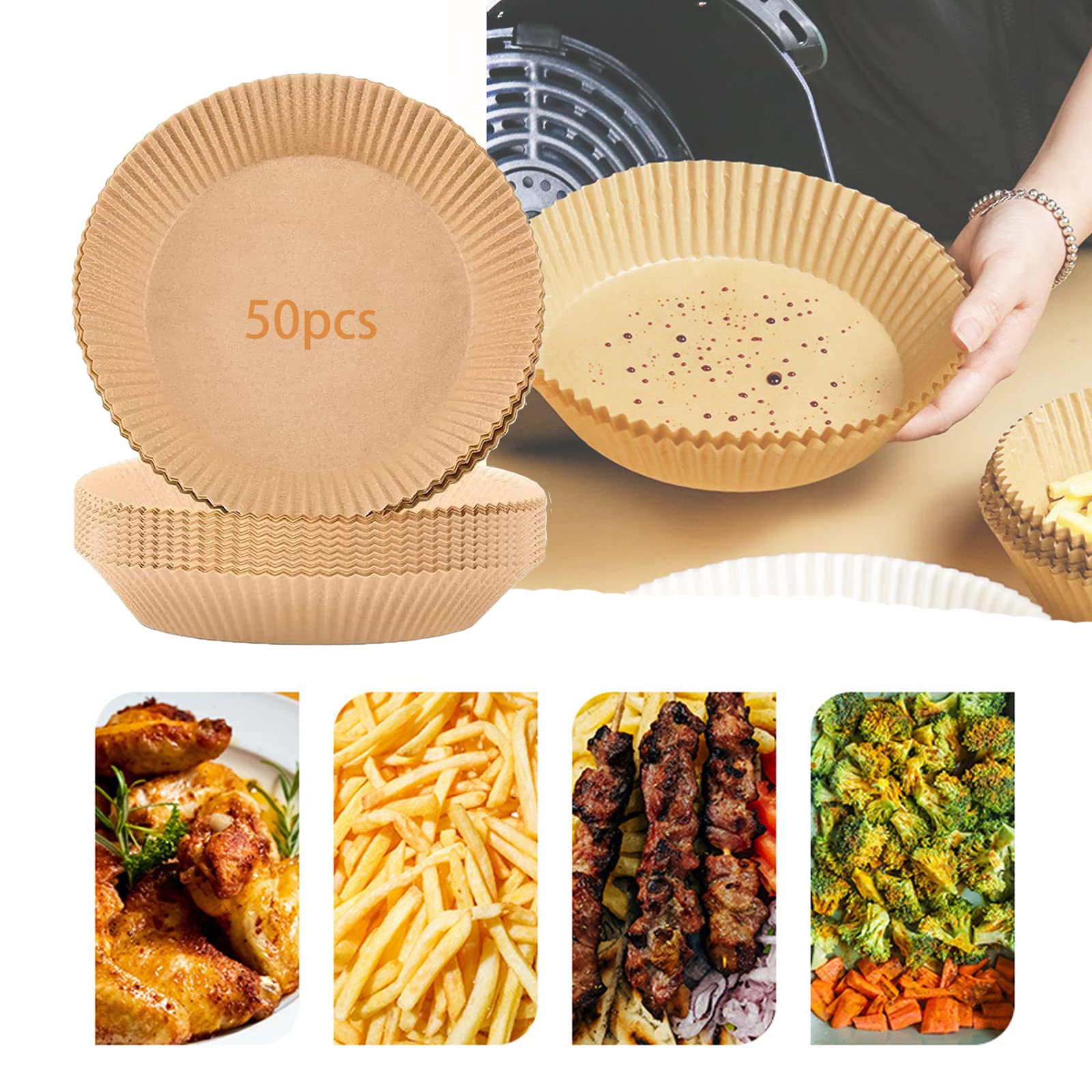 50pcs Unbleached Air Fryer Parchment Paper Liners - Food Grade, Non-Stick, Leak-Proof & Easy Clean Disposable Round Liners for Air Fryers - Perfect for Cooking Chicken Wings, French Fries & Healthy Meals