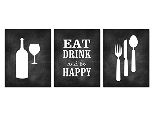 Black Kitchen Art Wall Decor - Eat Drink and Be Happy Sign for Home & Restaurant - Perfect for Kitchen, Dining Room, Bar, and Cafe Decor