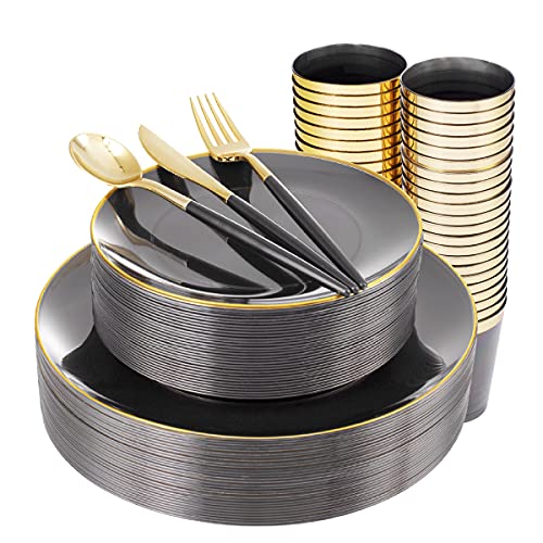 180pcs Black Plastic Plates with Gold Rim