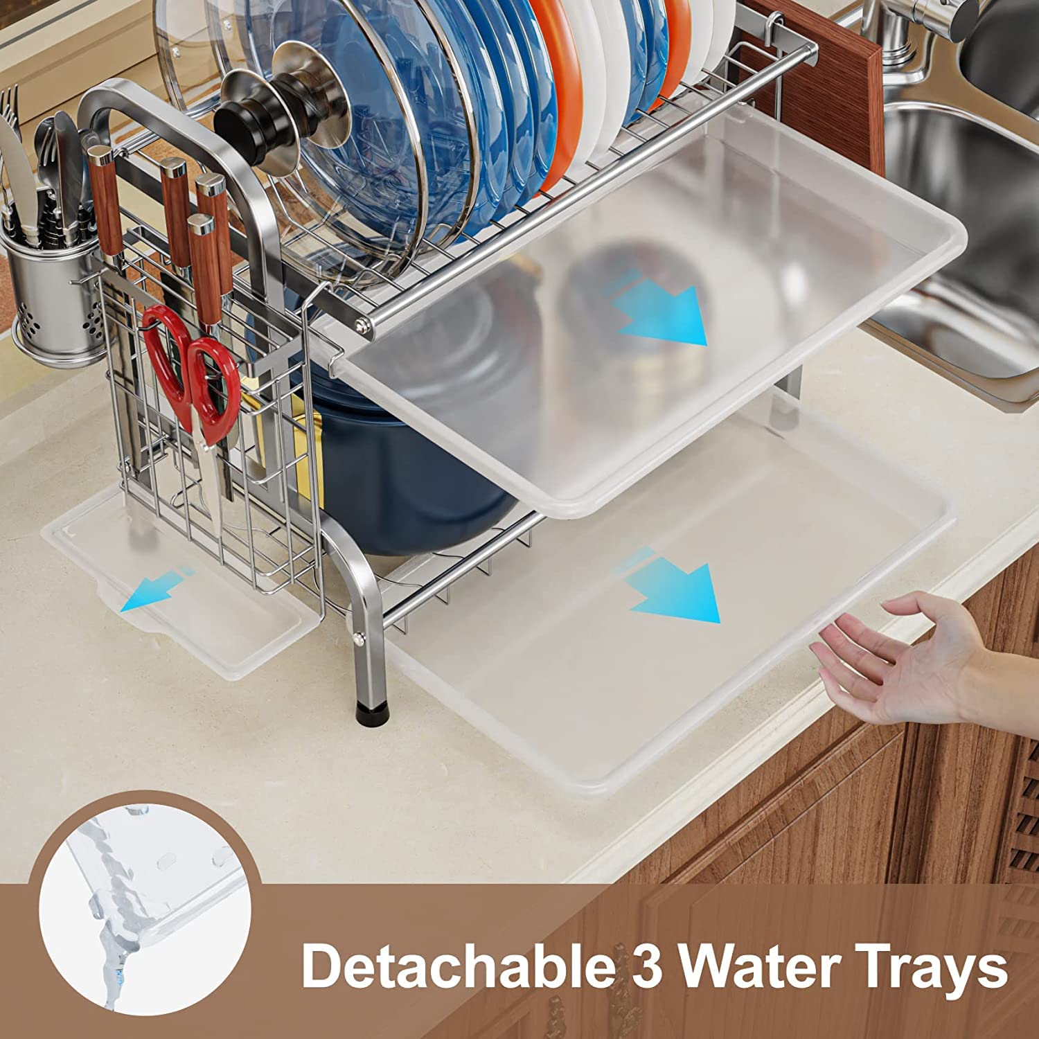 Kesig® 2-Tier Stainless Steel Dish Drying Rack with Drain Board - Space Saving Kitchen Countertop Organizer with Utensil Holder & Cutting Board Storage - Perfect for Small Apartments, RV Kitchens & Dish Drainer Needs (1-Pack)