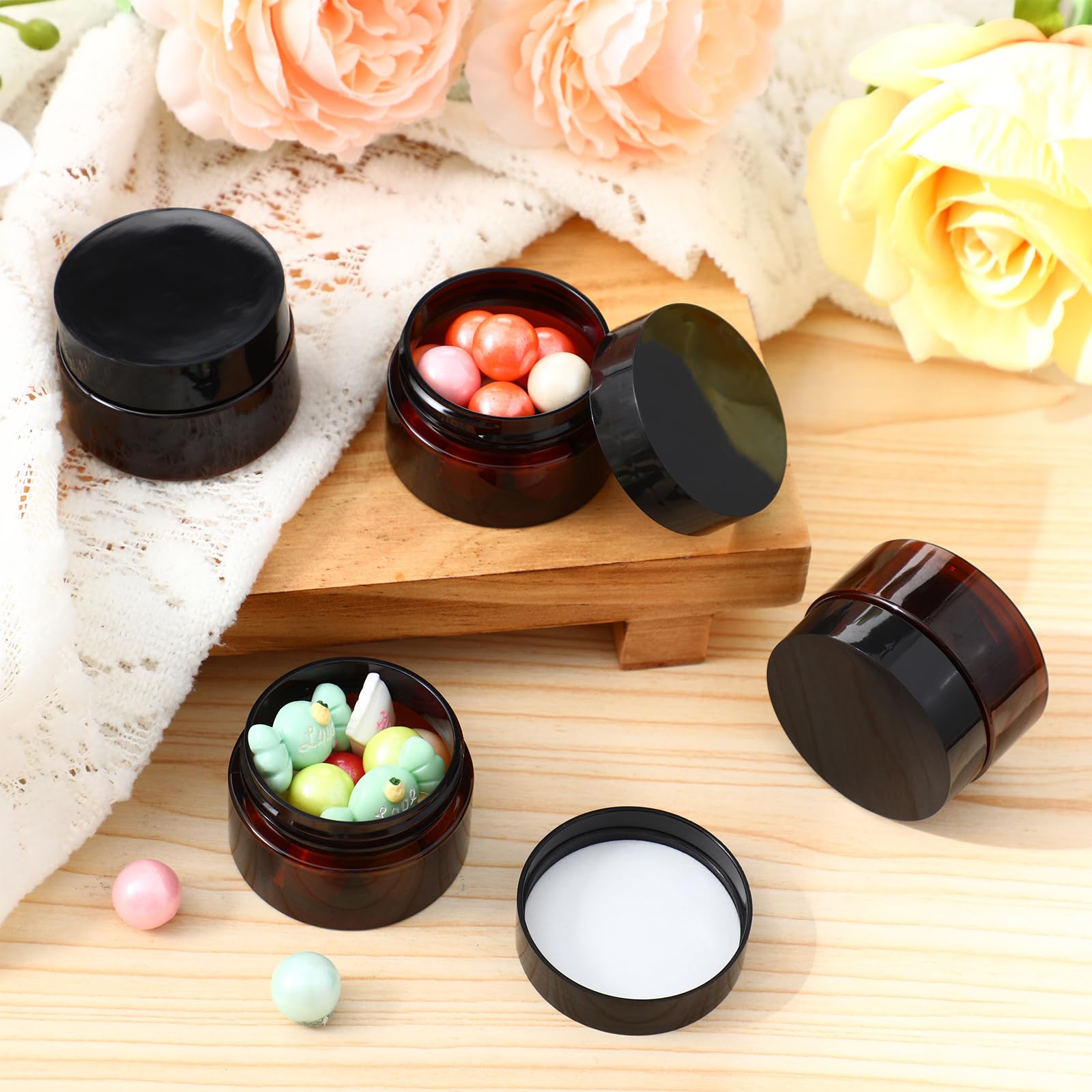 SATINIOR 100-Pack 1 oz Amber Plastic Jars with Black Lids - Small Wide Mouth Containers for Lotion, Cream, Body Butter, Rhinestones & Travel Storage - Perfect for DIY Crafts, Beauty Products & Organizing Small Items
