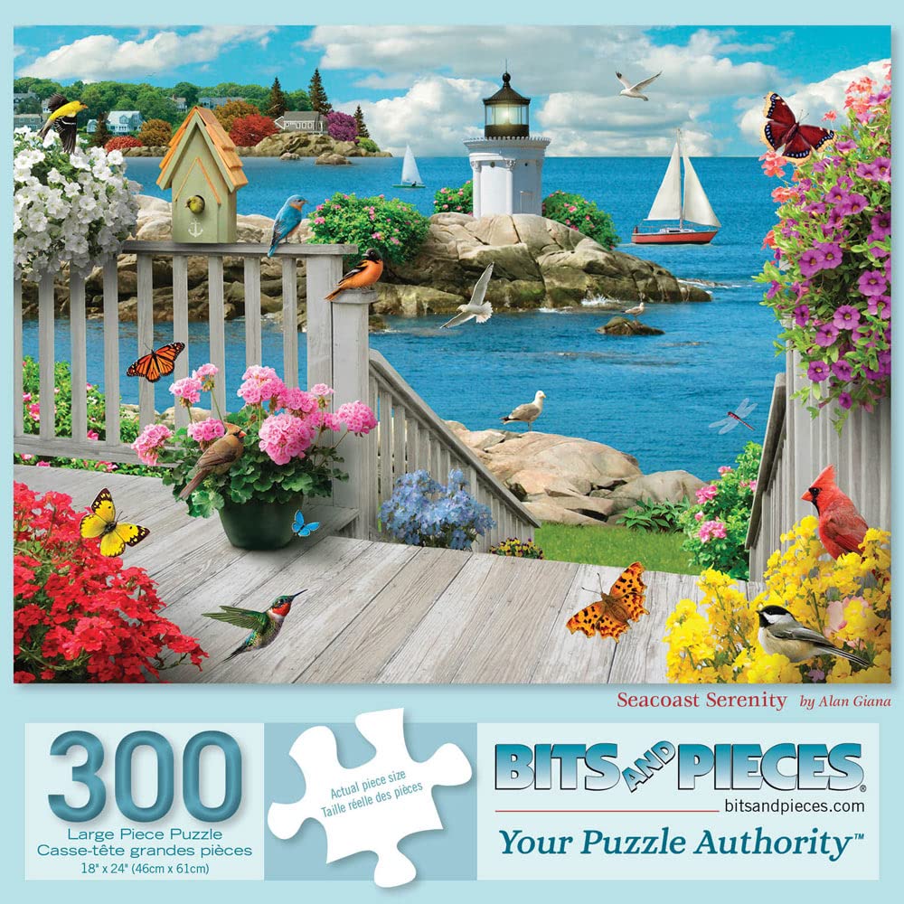 300 Piece Jigsaw Puzzle for Adults - Seacoast Serenity Ocean Boat Birds Lighthouse by Alan Giana | 18