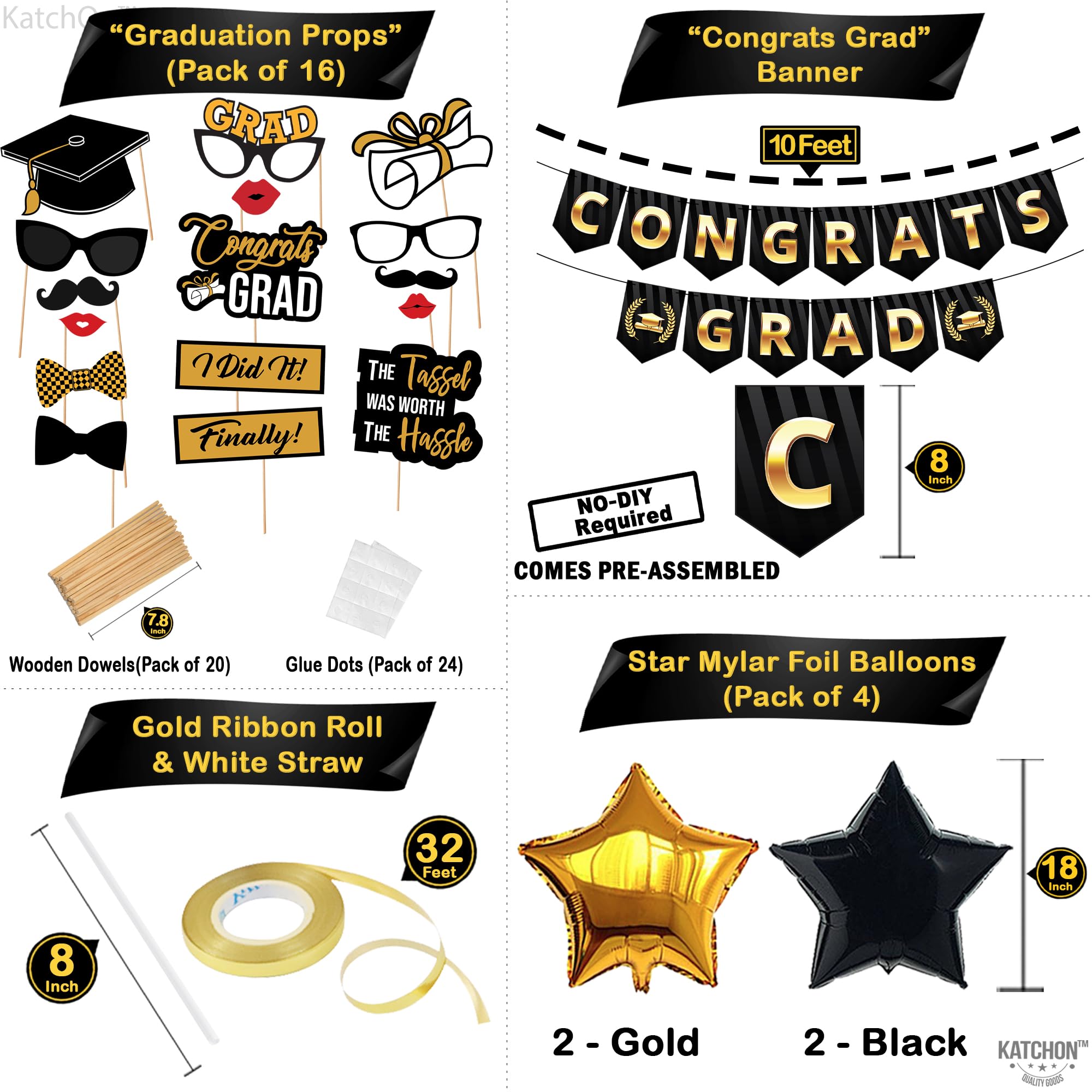KatchOn Black & Gold Graduation Decorations Class of 2025 - 61-Piece Party Set with Congrats Grad Banner, Gold Foil Fringe Curtain & 2025 Balloons | Perfect for High School & College Graduation Parties, Photo Backdrops & Celebration Decor